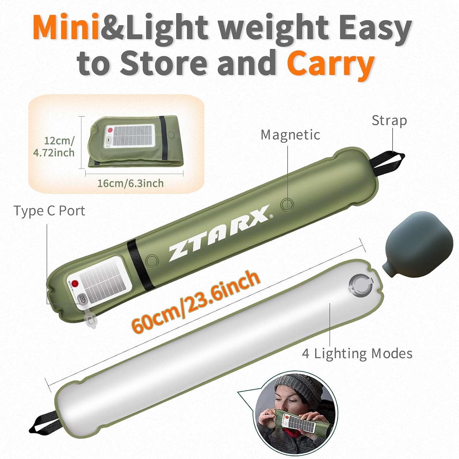 Inflatable Solar Camping Lantern,USB Rechargeable,4 Lighting Modes,IP66 Waterproof,Portable and Lightweight Tent Light 60cm