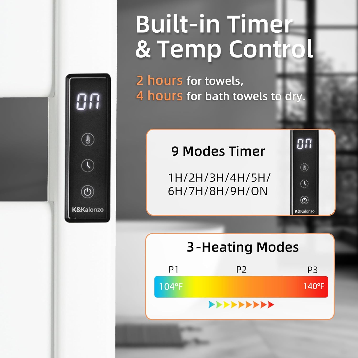 K&KALONZO Towel Warmer for Bathroom, Wall-Mounted Heated Towel Rack with Built-in Timer, Waterproof Alumnimum Electric Towel Heater, Support Plug-in and Hardwired, White, H3-W