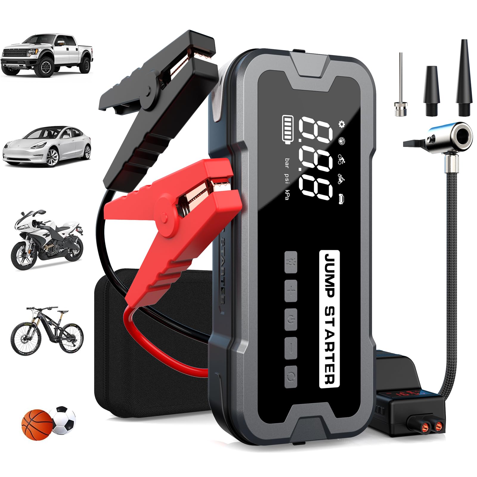 Avviatore Batteria Auto,Booster Avviatore Auto con Compressore 160PSI (per 12V 10.0L GAS e 8.0L DIESEL), 6000A Jump Starter Avviatore Emergenza USB, LED,Starter Batteria LCD