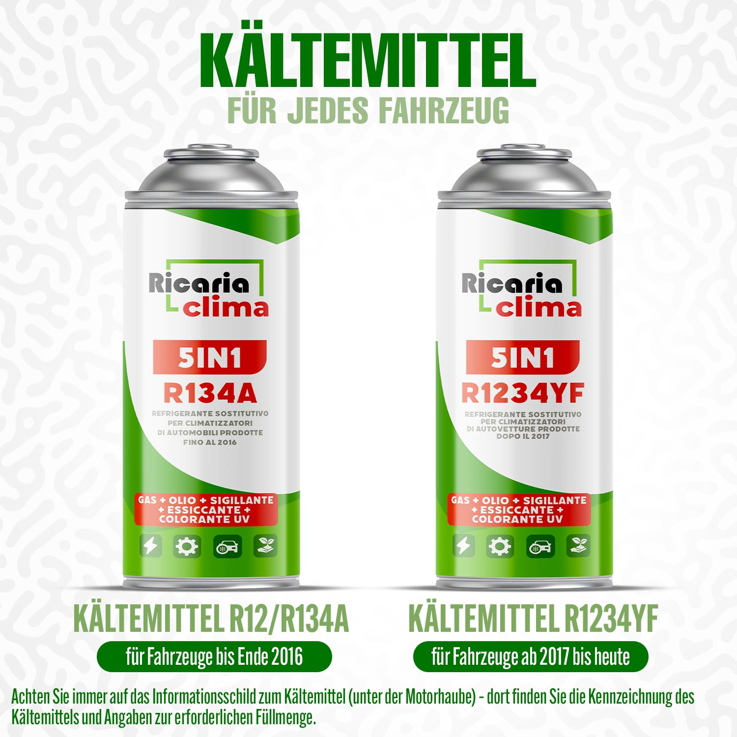 5in1 - Kältemittel R134a x 2, 235 g für Auto Klimaanlage mit Öl, Dichtungsmittel, UV-Farbstoff, Trocknungsmittel - Schützt den Kompressor