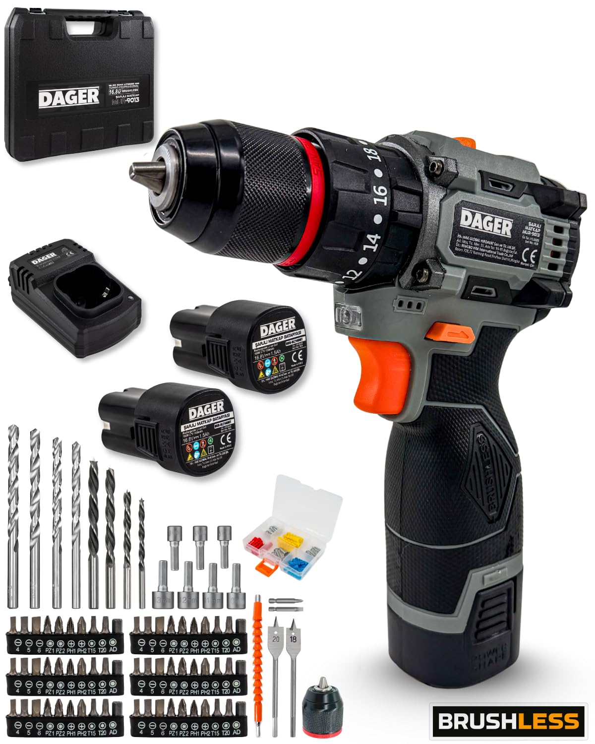 Dager BOLT 16.8V Kömürsüz Darbeli Şarjlı Matkap Vidalama Seti | 60Nm | Çift Akü + 85 Parça…