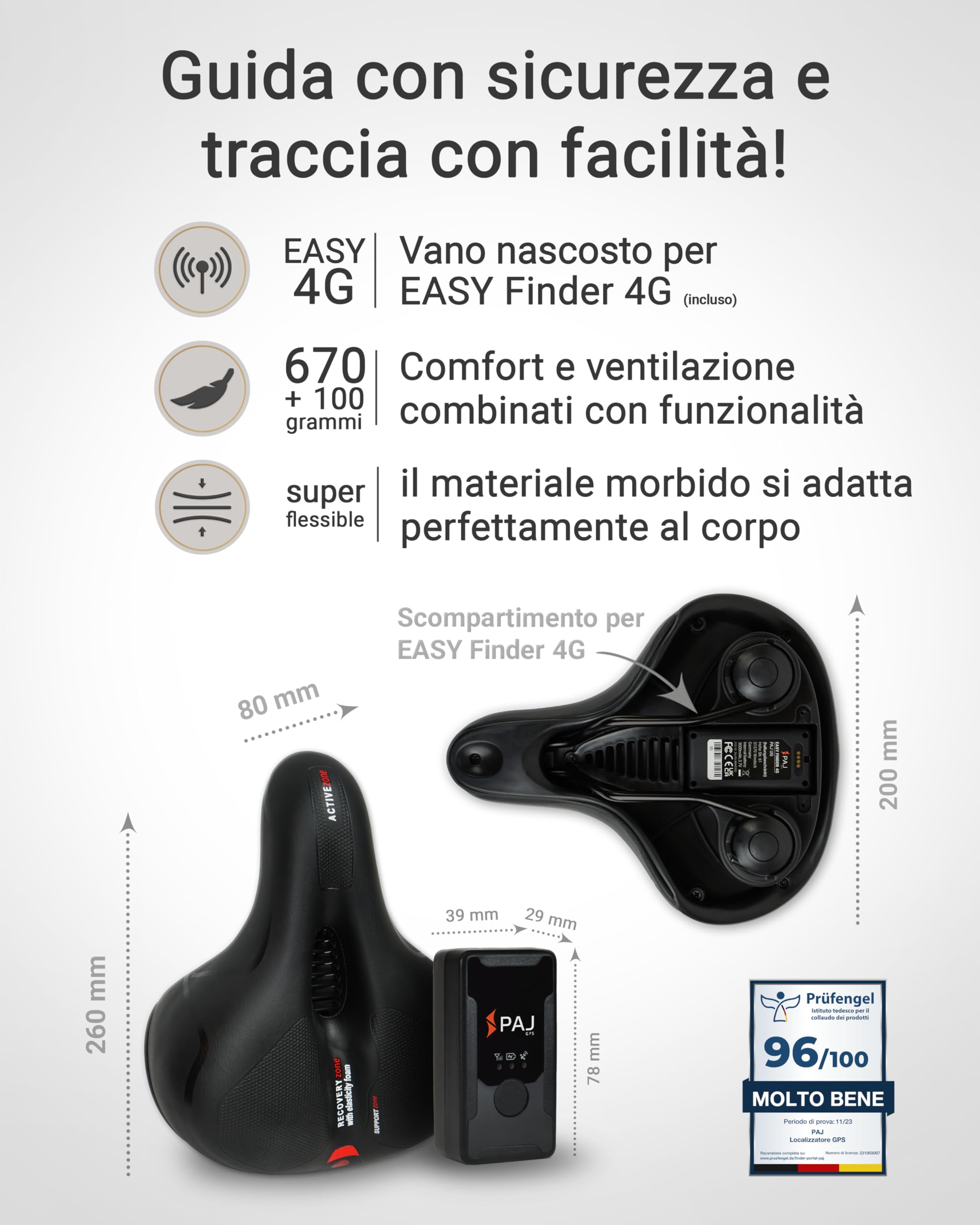 PAJ GPS EASY Finder 4G + Sella per Bicicletta con Supporto Incluso - con Tecnologia Cloud Comfort - Localizzatore GPS per Biciclette, e-bike, MTB e molto Altro Ancora - Localizzatore GPS Antifurto