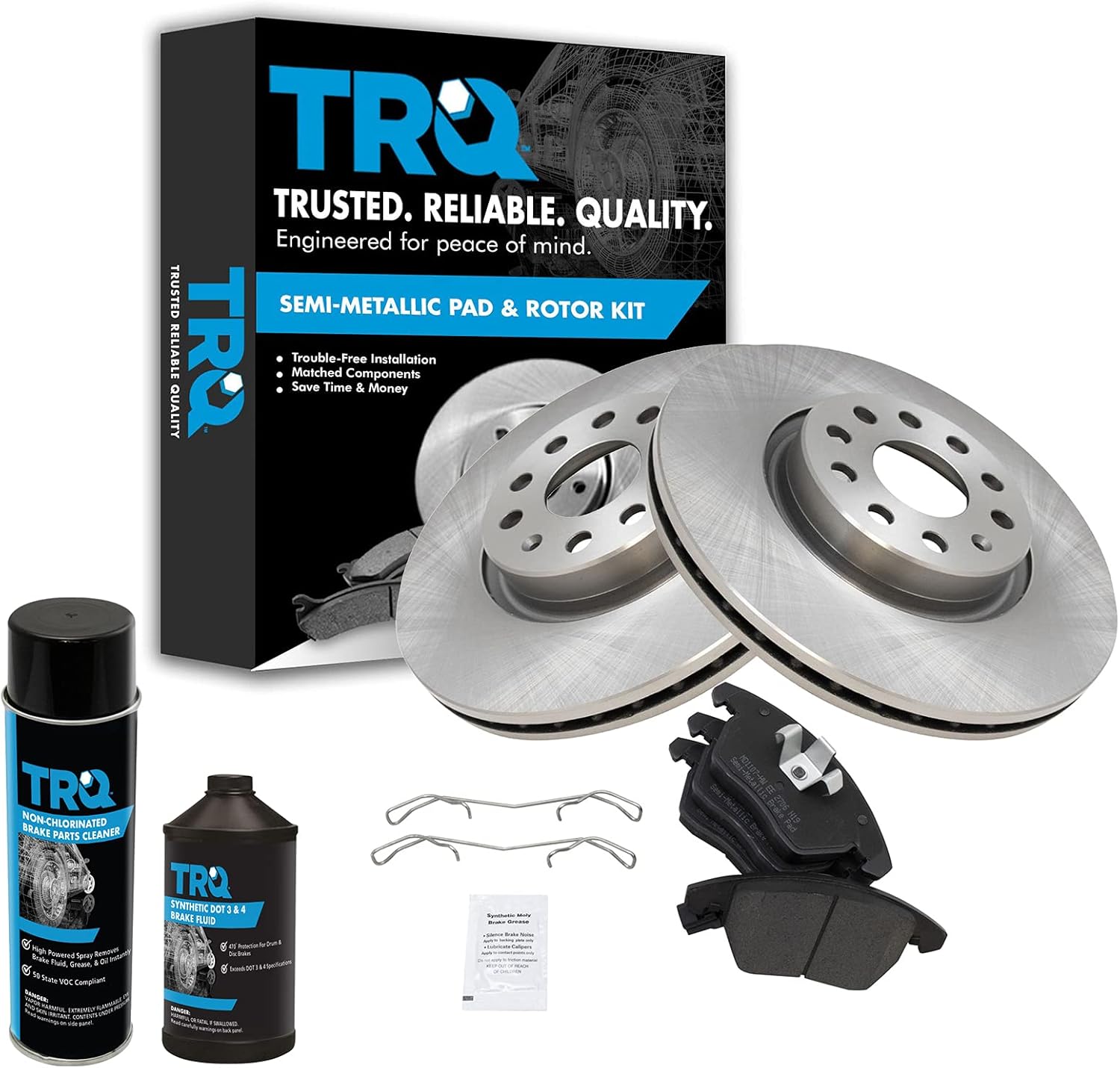TRQ Front Brake Pad & Rotor Kit Semi-Metallic Compatible with 06-13 A3 A3 Quattro 12-17 Beetle 09-17 CC 07-16 Eos 14 Golf 06-14 GTI 05-18 Jetta 06-10 Passat 08-09 TT 09-15 TT Quattro