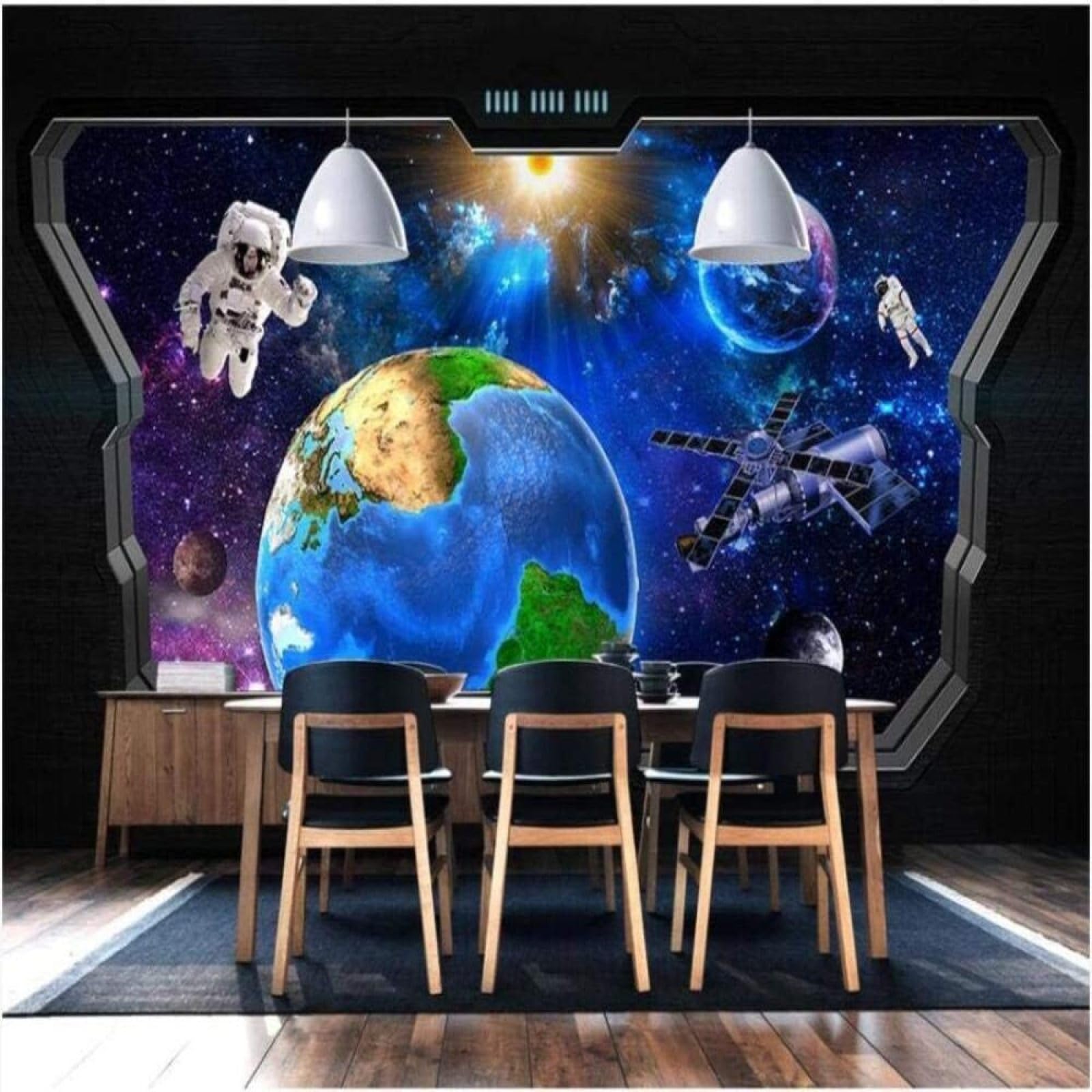 Papel pintado astronautas 3D solucion paredes aburridas mural universo comedor y cocina