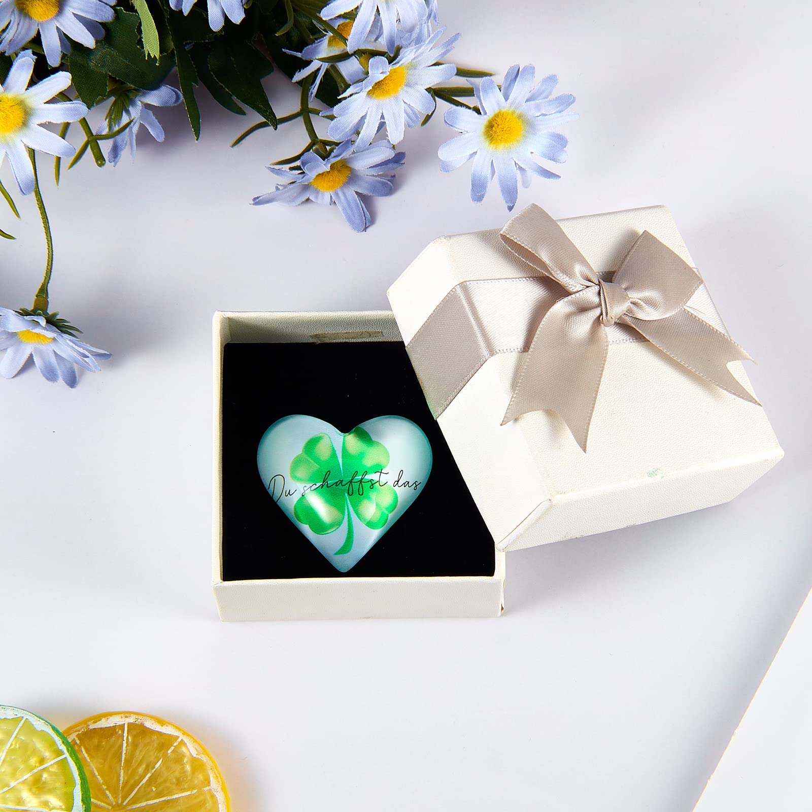 Amuleto de Suerte de Hoja de Trébol de Cuatro Hojas Amuleto de Suerte Du Schaffst Das con Bolsa de Almacenamiento Esperanza Regalos de Suerte para Mujeres Hombres Amigos Familia (Corazón)