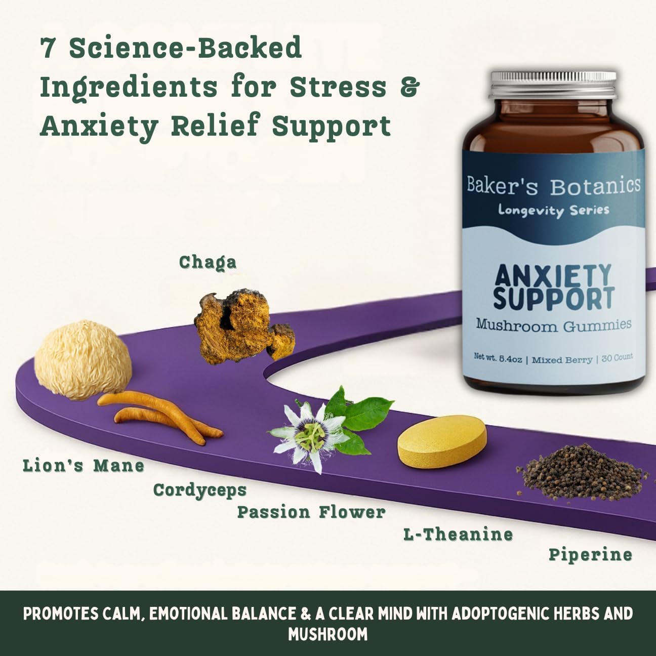Baker's Botanics Adaptogenic Anxiety Support Mushroom Gummies - Botanicals Blend | Mixed Berry Flavor | Vegan, Gluten-Free, Non-GMO Supplement