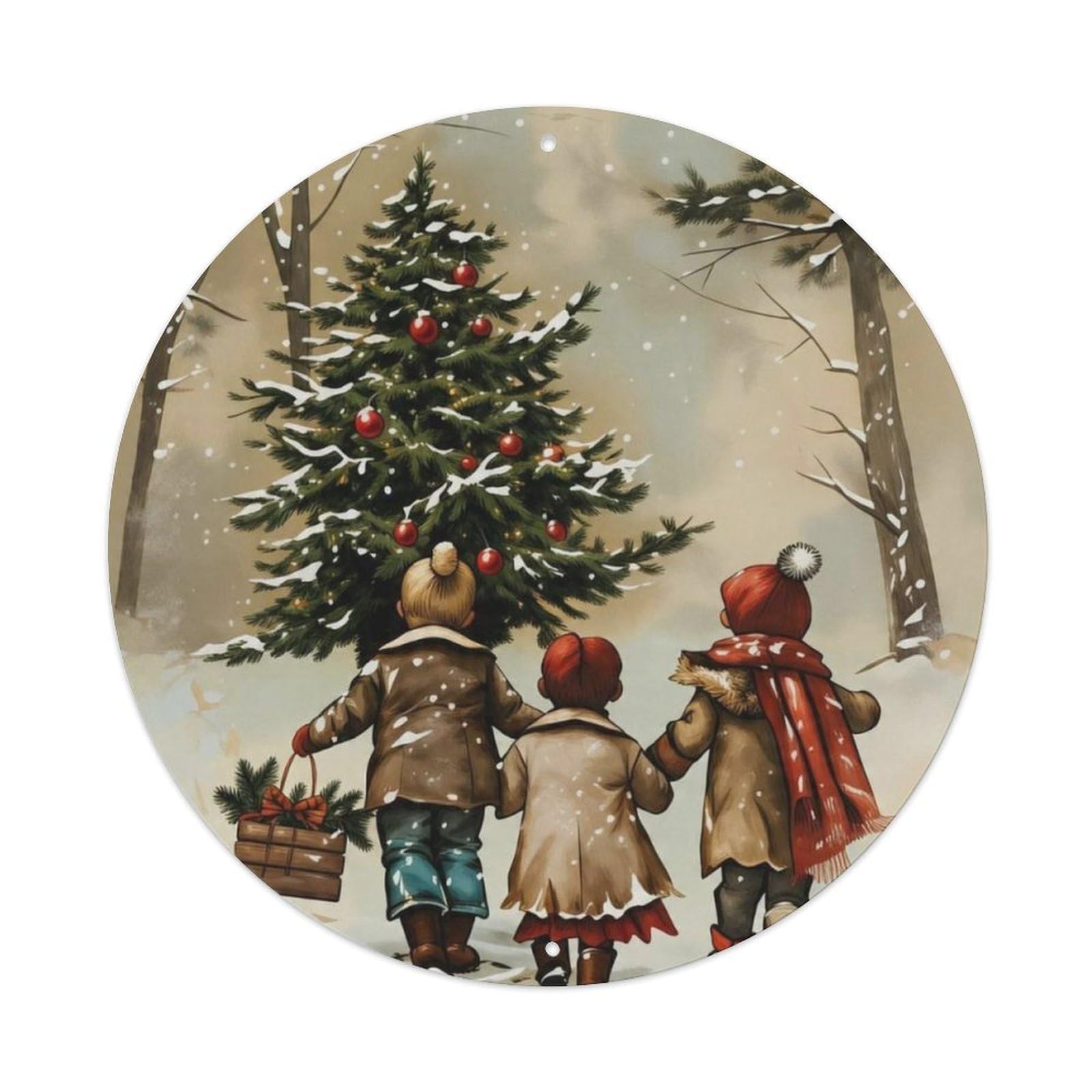 Retro Winter Kids Christmas Tree Snow Scene Round Decor Sign Vintage Aluminium Metal Sign, Retro Wall Decor for Home, Bar, Garage & Farmhouse 20x20cm