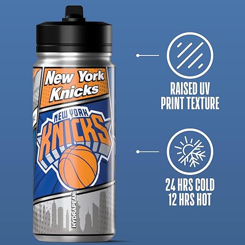 Miniatura 5 de Hydrapeak x NBA New York Knicks Botella de agua de acero inoxidable de 20 oz, botella deportiva aislada de doble pared con licencia oficial con tapa