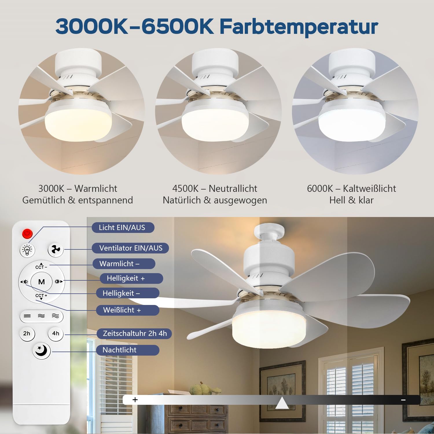 OOWOLF Ventilateur de Plafond avec Éclairage et Télécommande, LED Dimmable, Petit Ventilateur Silencieux avec Tige d’Extension pour Chambre, pour Intérieur