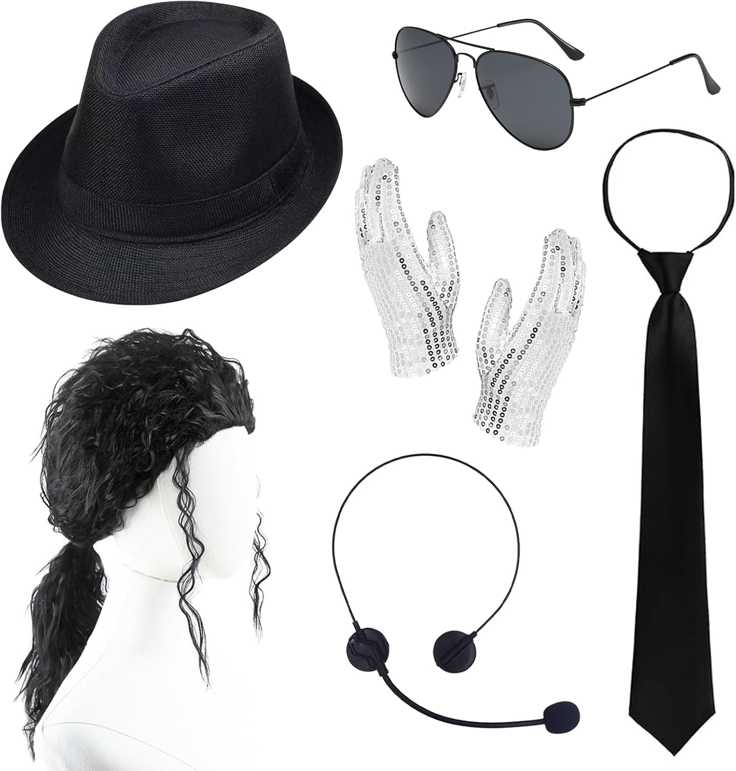 Pop Star Costume 6 Pcs Pop Rockstar Dance Costume Accessories Include Black Hat Glasses Tie Sequins Gloves Balck Curly Wig Microphone, Pop King Costume Set for Boys Men Adult 80s 90s Cosplay Party