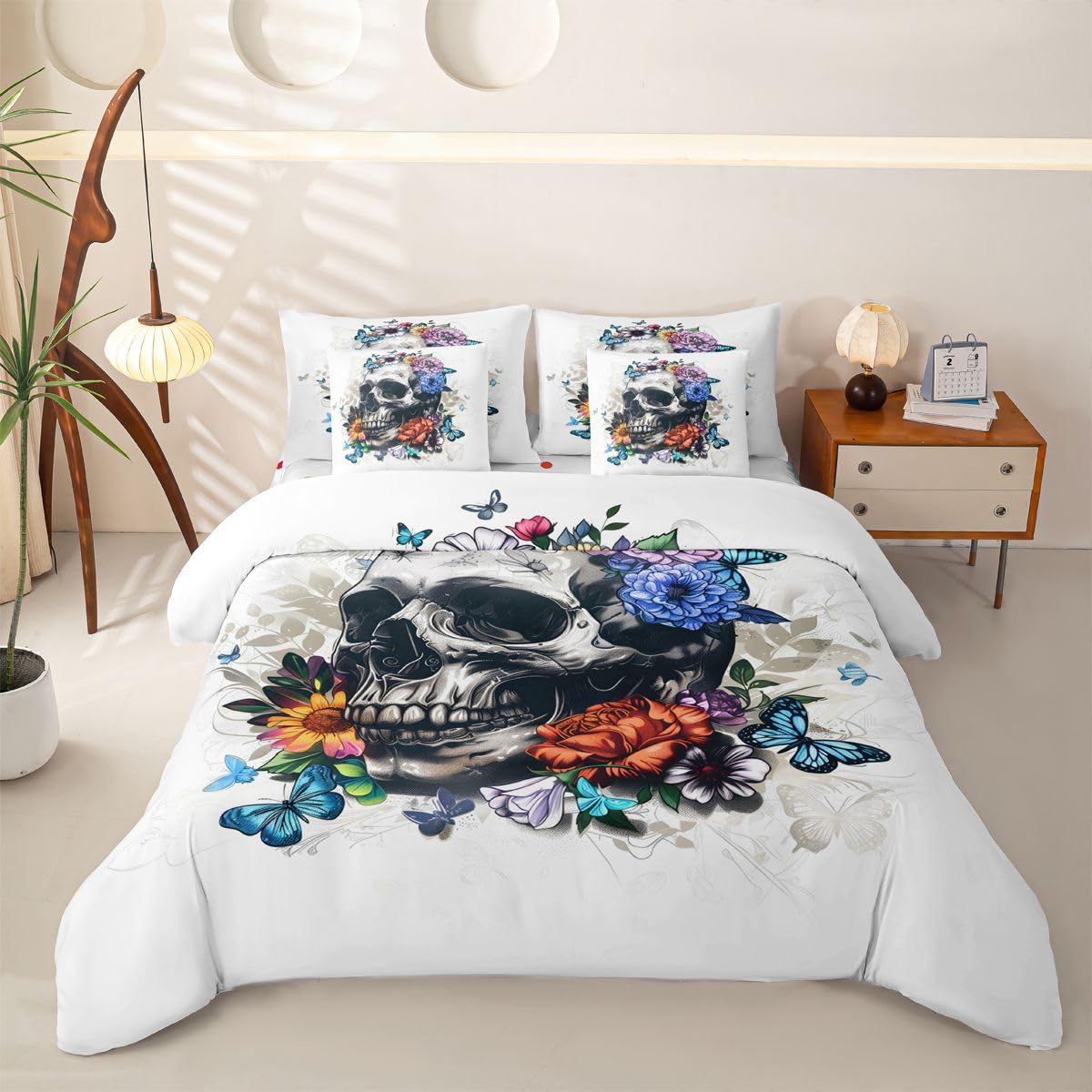 Loussiesd Set di biancheria da letto con copripiumino con lenzuola, 7 pezzi, per letto singolo, motivo: teschio, per bambini, ragazzi, ragazze, Halloween, teschio, decorazione per camera da letto