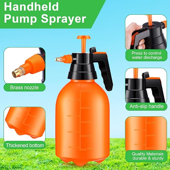 Nuogo 3 Pcs Handheld Pump Sprayer, 2L Manual Garden Pressure Sprayer Pump Spray Bottle with Adjustable Brass Nozzle for Lawn Plants Weeds Spraying Watering(Orange)