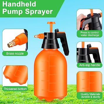 Nuogo 3 Pcs Handheld Pump Sprayer, 2L Manual Garden Pressure Sprayer Pump Spray Bottle with Adjustable Brass Nozzle for Lawn Plants Weeds Spraying Watering(Orange)