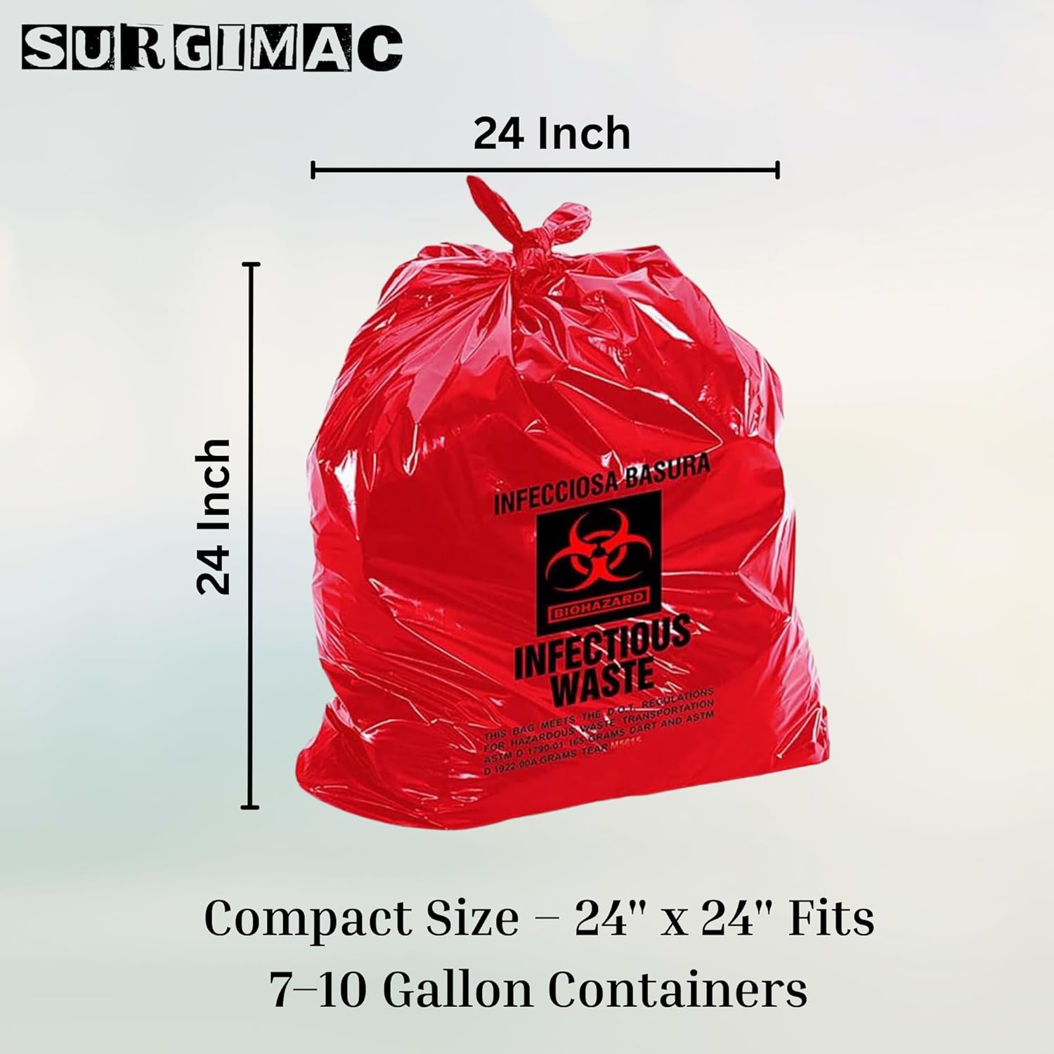SurgiMac 7-10 Gallon Red Infectious Waste Bag - Heavy Duty 24x24 Inch, 1.25 Mil Thickness - Biohazard Disposal Bag for Medical, Laboratory, and Industrial Use | 250 Count