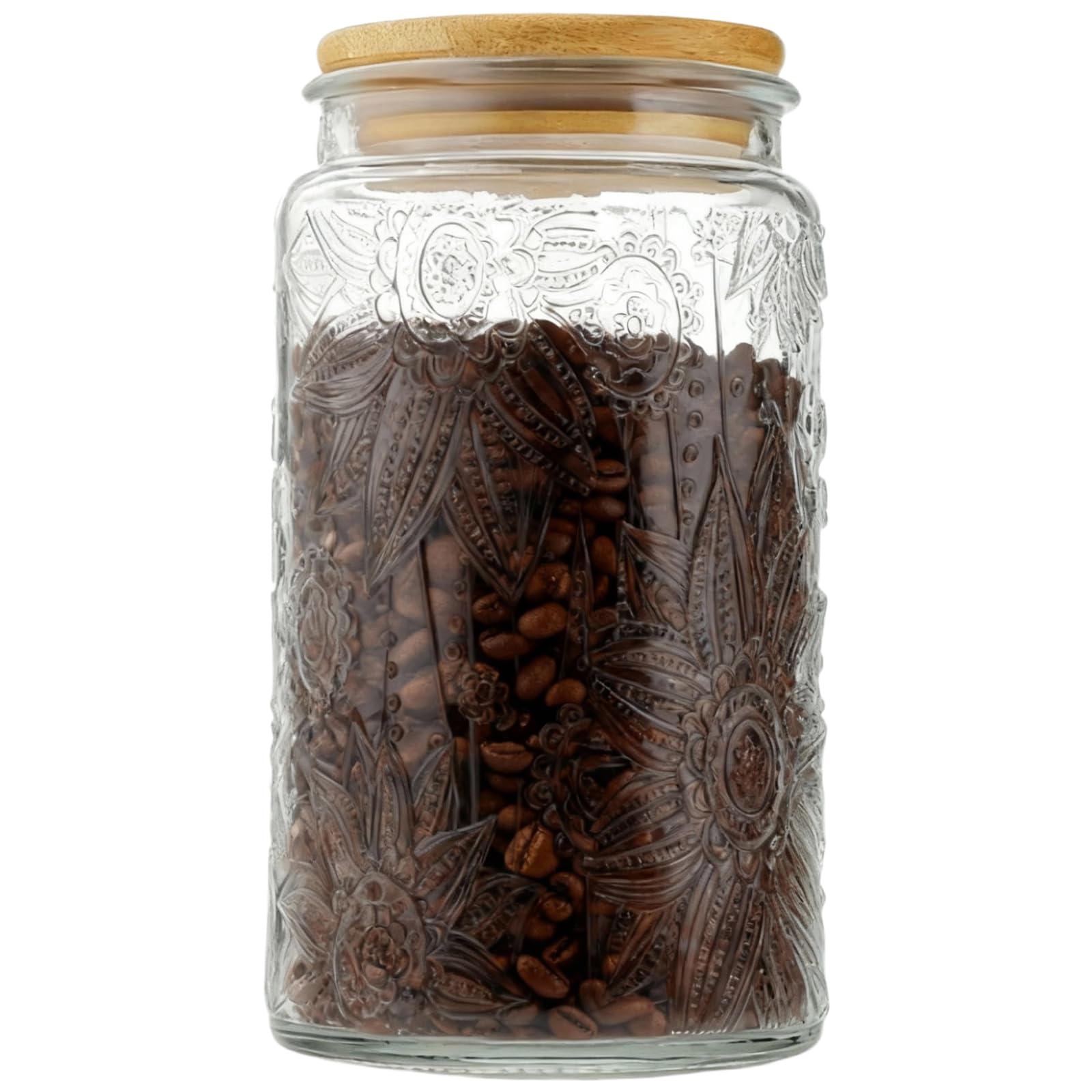 Wyndshades Brown 1000Ml Embossed Glass Jar With Airtight Wooden Lid – 35Oz Vintage Kitchen Storage Container For Oats, Coffee Beans, Flour, Sweets & Pantry Organisation (Begonia Pattern)