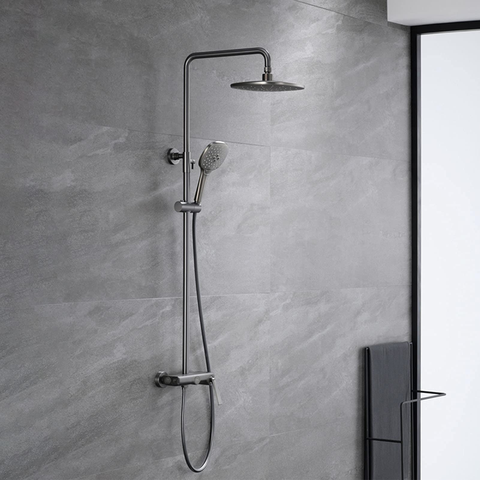 AYCDL Exposed Shower Faucet Set, Abs Rainfall Shower Head with Handheld Shower Sprayer, Wall Mounted Single Handle Shower System with Tub Spout,Chrome,Black Rose,Gun Gray