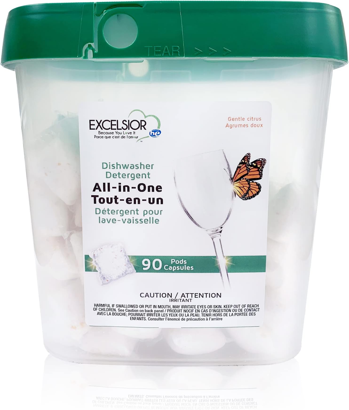 Excelsior HE All-In-One Dishwasher Detergent Pods includes 90 Dishwasher pods with built-in rinse aid for an amazing shine & leaving a gentle citrus scent