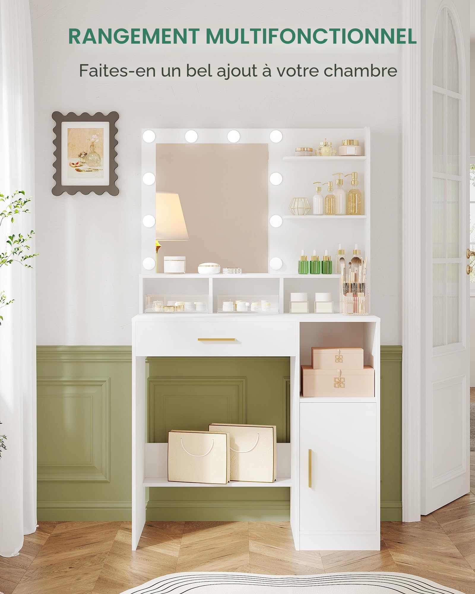 Hzuaneri Coiffeuse avec Miroir, Coiffeuse avec Miroir LED, Dressing Table de Maquillage avec 3 étagères et 4 Compartiments Ouverts, avec Grand Tiroir et Armoire, Blanc VT08103X