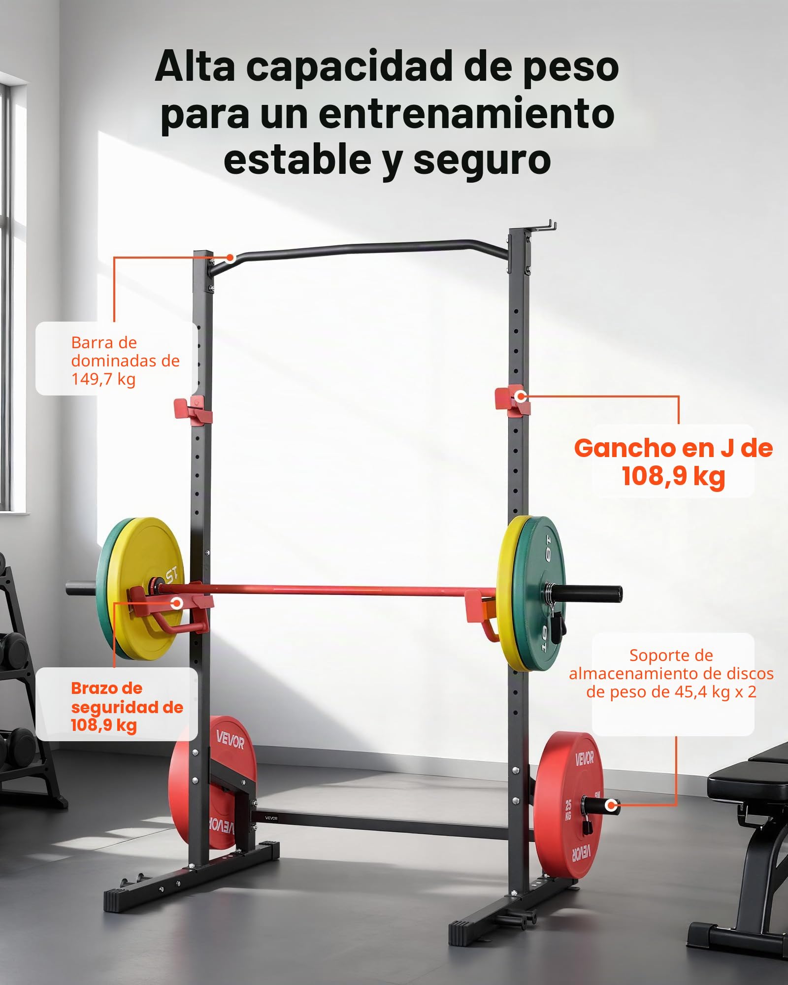 VEVOR Jaula de Potencia Multifuncional para Gimnasio en Casa, con 4 Clavijas para Bandas, Ganchos en J Ajustables y Barras de Seguridad para Sentadillas con Barra, Press de Banca y Dominadas