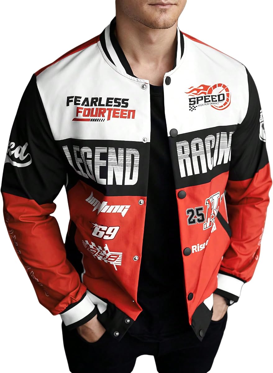 Mens Button Down Graphic Varsity Racing Motorcycle Jacket | Car Race Outerwear, Street Daily, Fall Spring, Vintage, Streetwear Coat