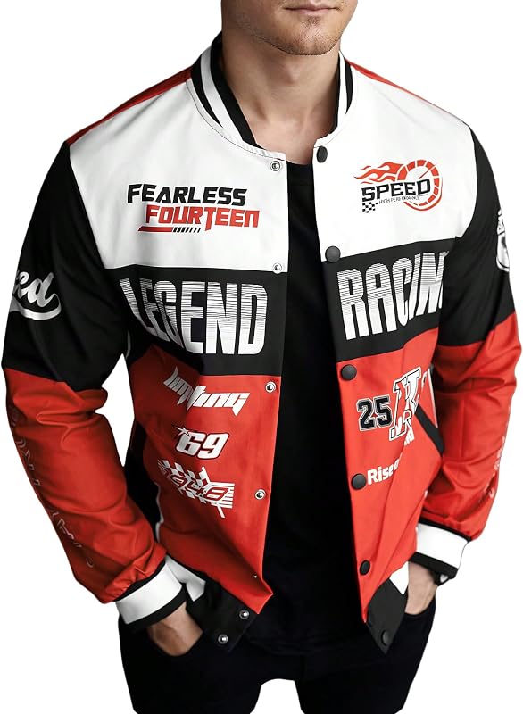 Mens Button Down Graphic Varsity Racing Motorcycle Jacket | Car Race Outerwear, Street Daily, Fall Spring, Vintage, Streetwear Coat