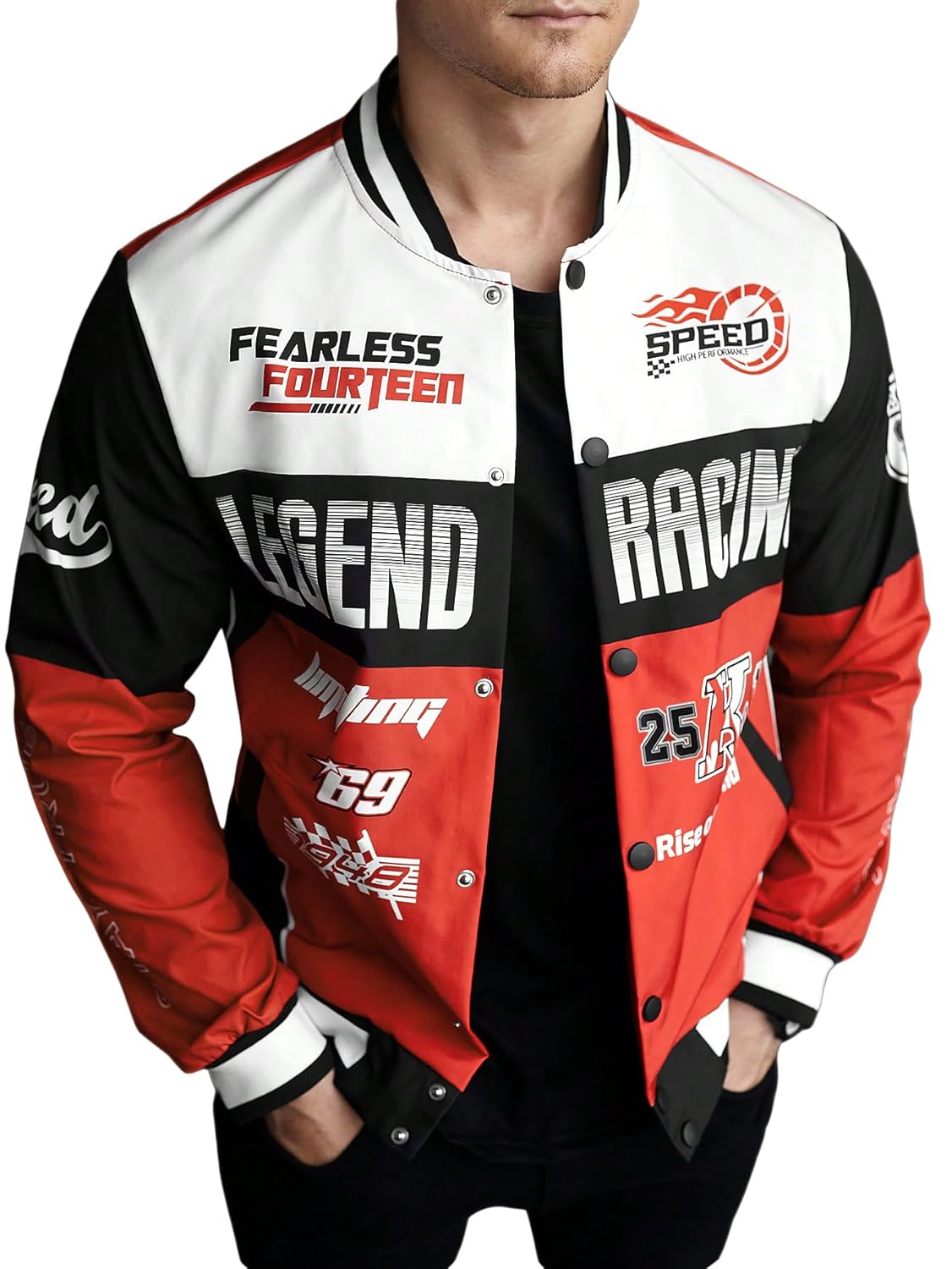 SOLY HUX Mens Racing Jacket Button Down Graphic Varsity Jackets Car Racing Jacket Men Motorcycle Outerwear Streetwear