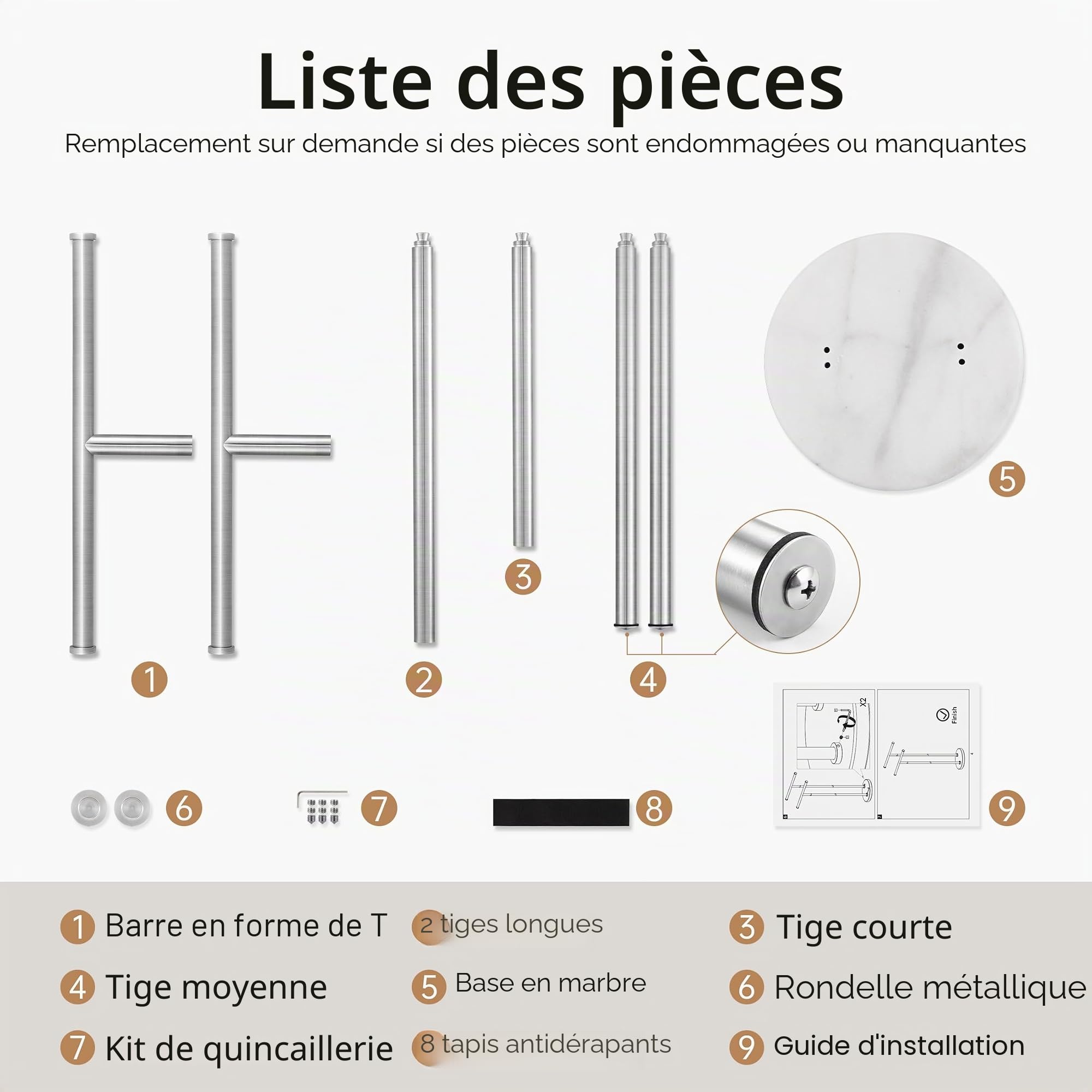 KES Porte-serviettes autoportant à 2 niveaux avec base ronde en marbre naturel de 4,8 kg, porte-serviettes au sol pour sol de salle de bain, double forme de T, acier inoxydable 18/8, finition brossée