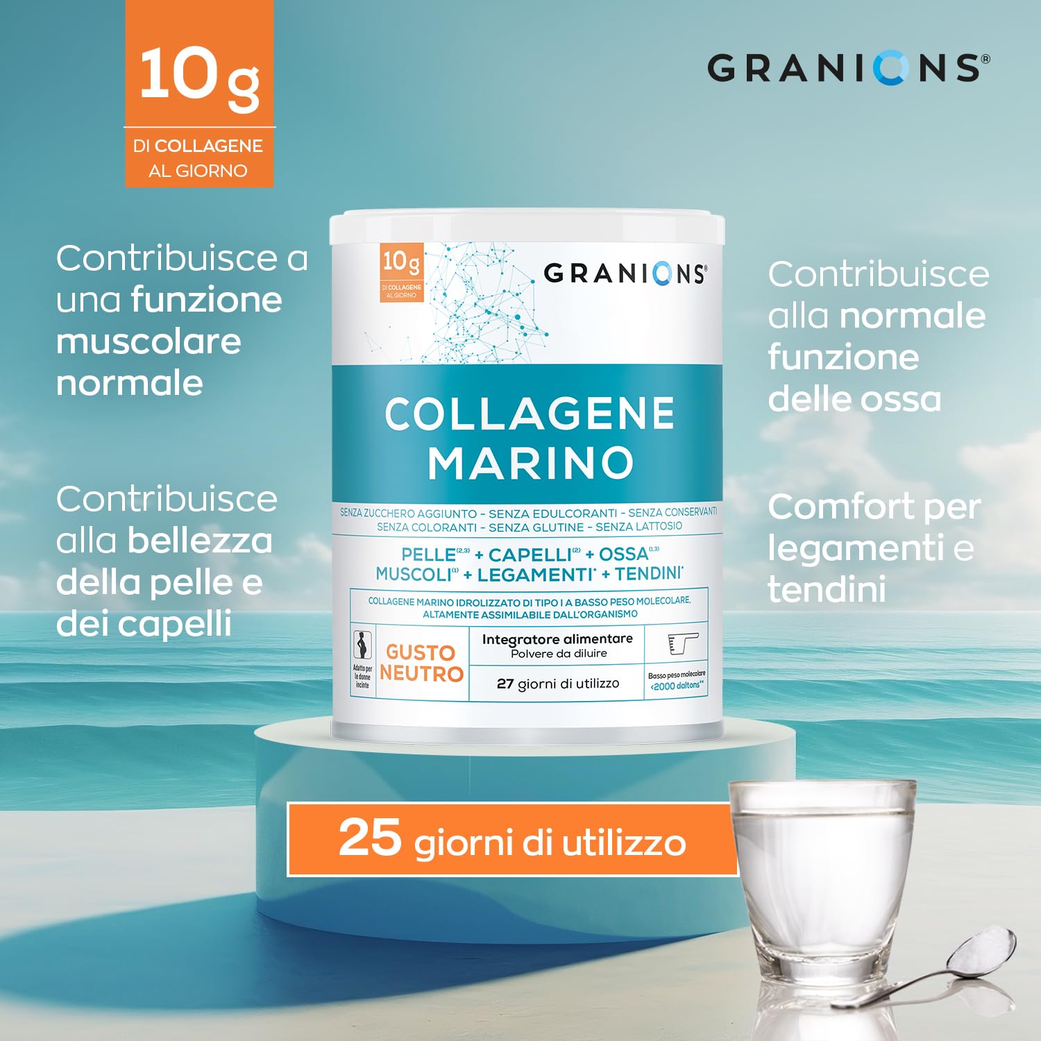 GRANIONS Collagene Marino Idrolizzato Tipo I in Polvere | 10 g al Giorno | Vitamina C Naturale da Acerola | Pelle, Capelli, Ossa, Muscoli | Gusto Neutro | 278 g | 27 Giorni