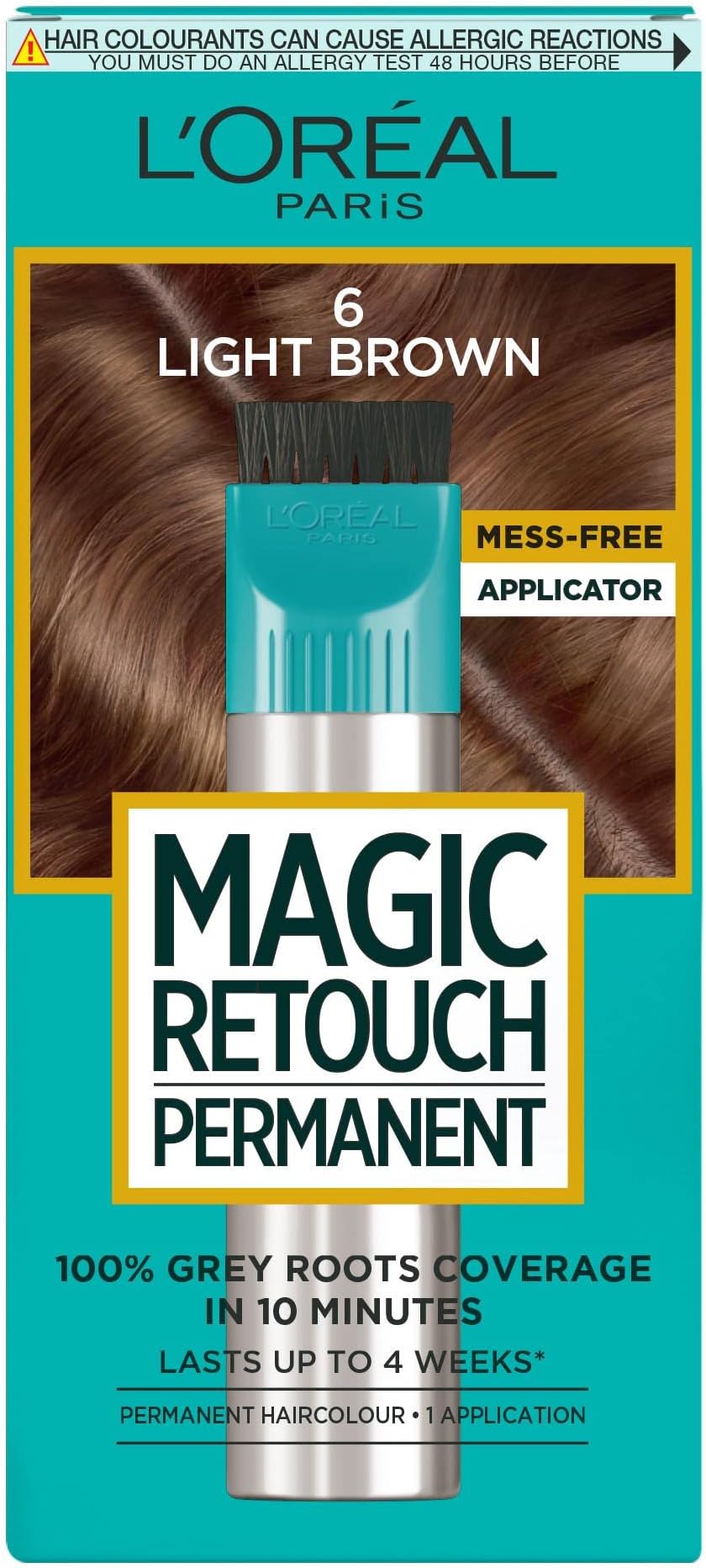 L'Oréal Paris Magic Retouch Instant Root Spray, Light Brown 6. Gives flawless coverage for grey regrowth in 3 seconds. This 75ml spray offers quick, easy, and natural-looking root touch-up.