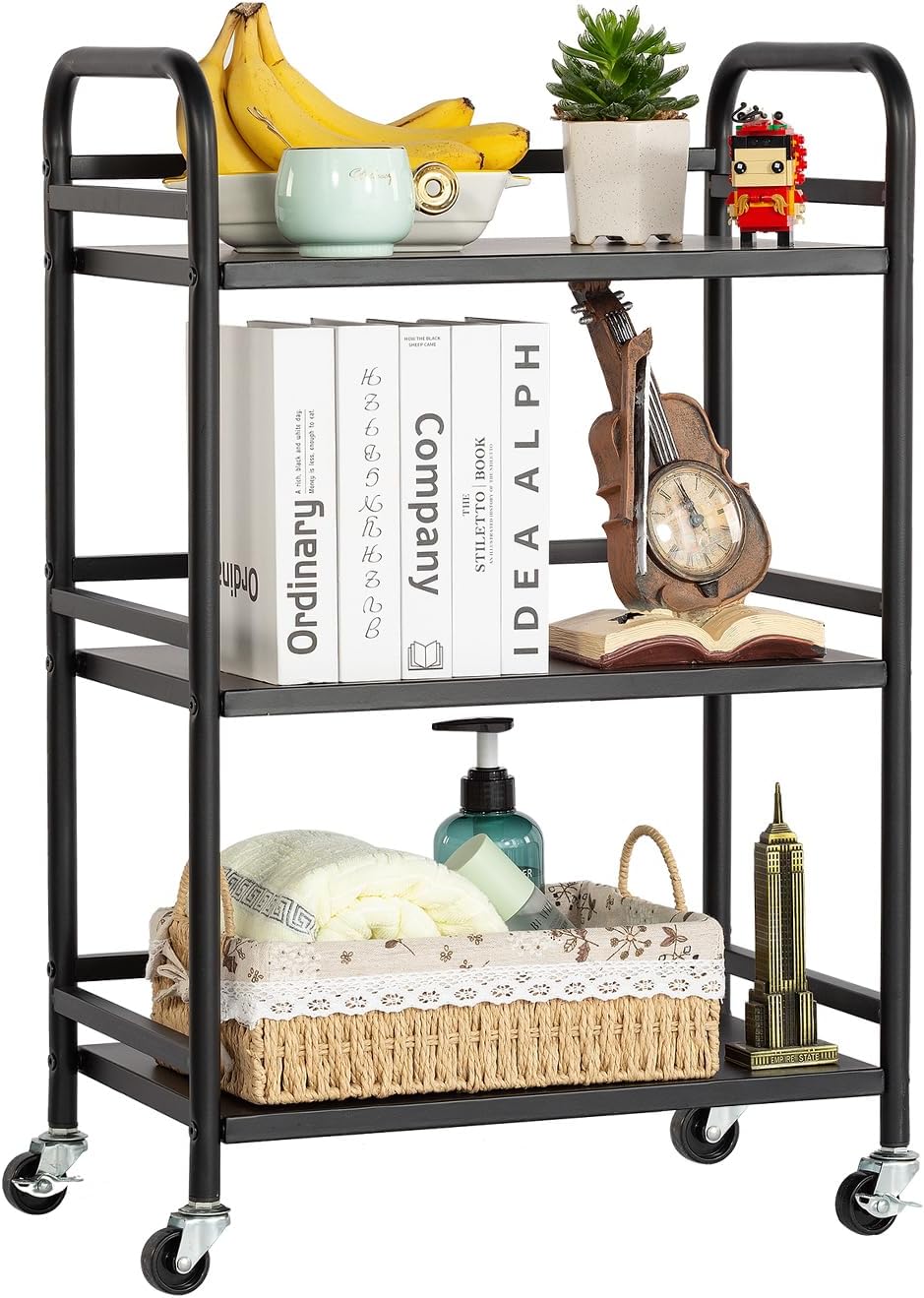 HDANI 3 Tier Rolling Cart Shelves,Heavy Duty Multifunctional Metal Frame-Supports 22 Lbs Per Tier,Rolling Cart with 2 Lockable Wheels for Home,Office,Kitchen,Bathroom,Bedroom (Black)
