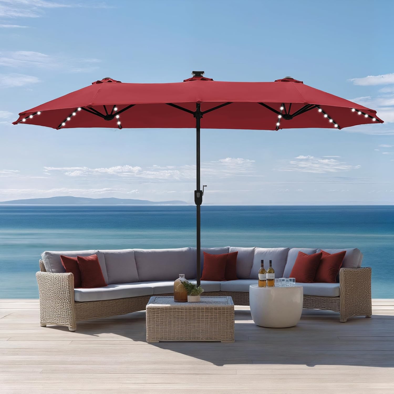 Sophia & William 13ft Outdoor Patio Umbrella with Solar Lights, Large Double-sided Umbrella with LED Lights, Perfect for Garden, Deck, Pool, Burgundy