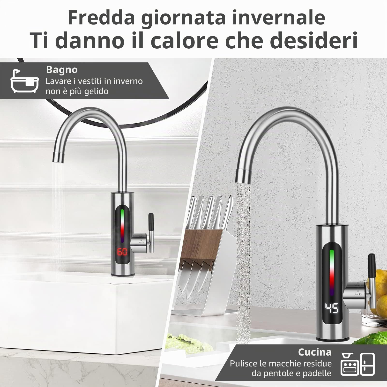 Rubinetto per Acqua Calda e Fredda, Rubinetto Elettrico in Acciaio Inox, Indicatore di Temperatura a LED, Rubinetto da Cucina, Rubinetto da Cucina con Scaldabagno Istantaneo, Rubinetto Girevole a 360°