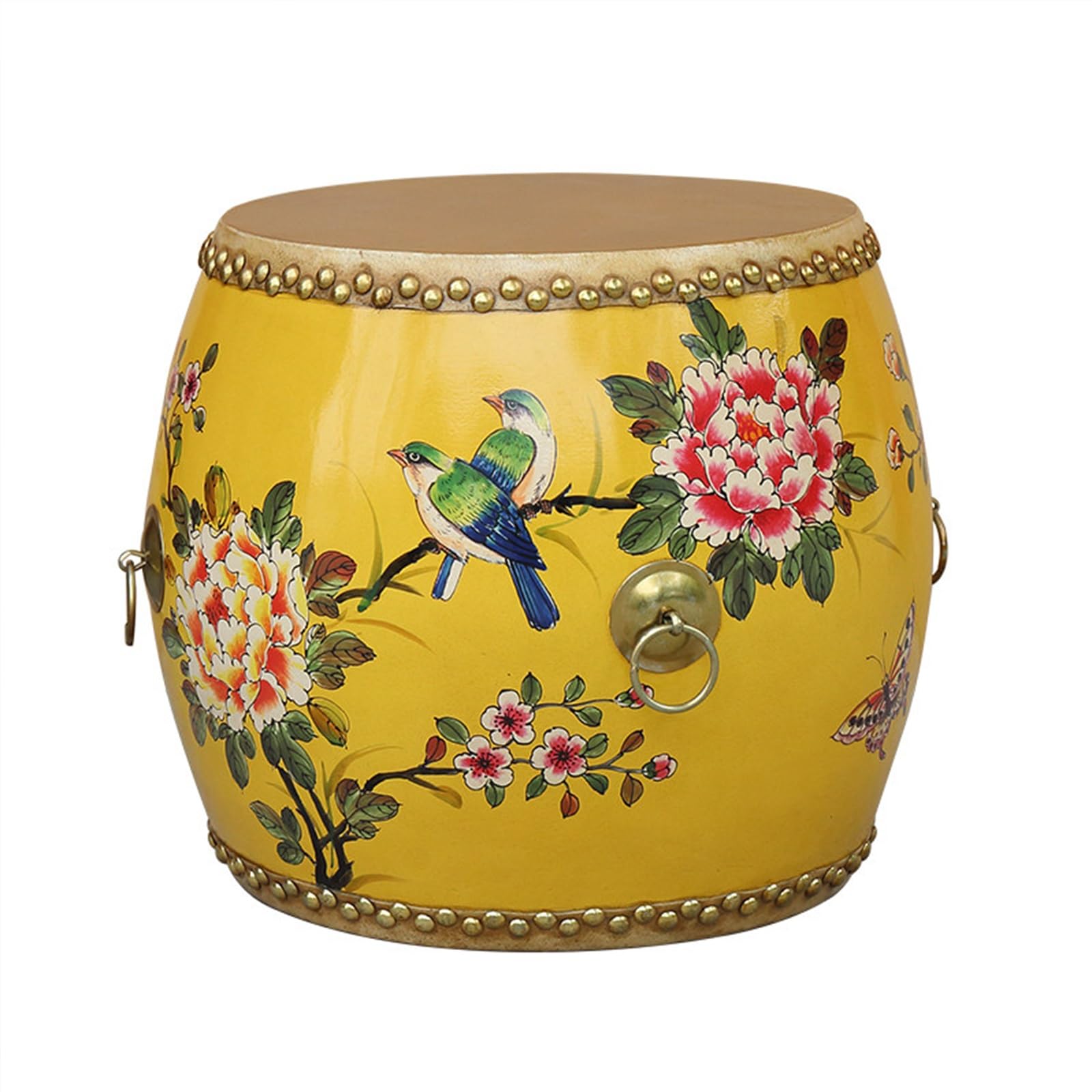Tabouret tambour chinois artisanal en chêne massif décoration peinte main