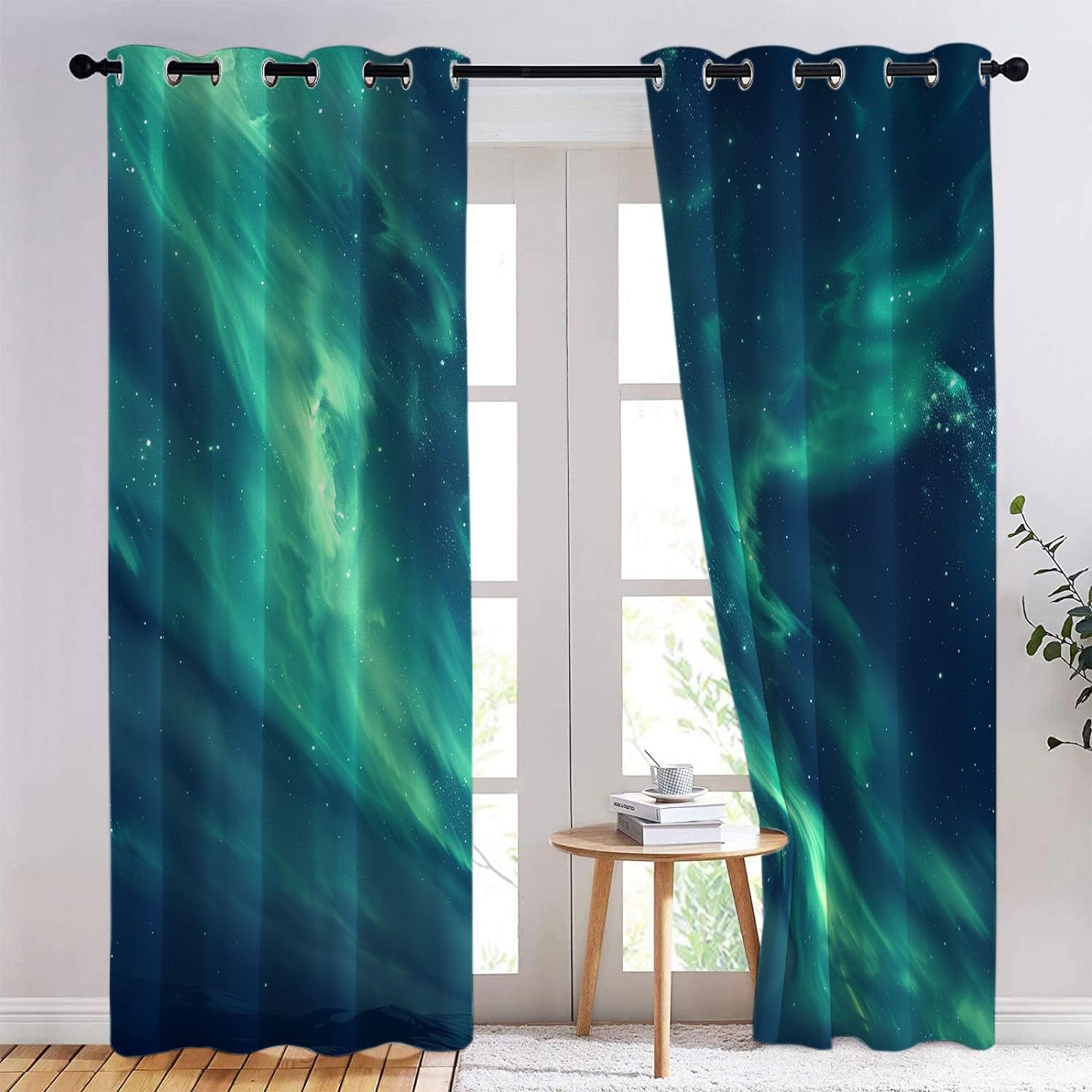 Zielone światła polarne zasłony zaciemniające, zestaw 2 sztuk, 220 x 215 cm (szer. x wys.), kolor Aurora, poliester, do sypialni, pokoju dziecięcego, salonu, dekoracja