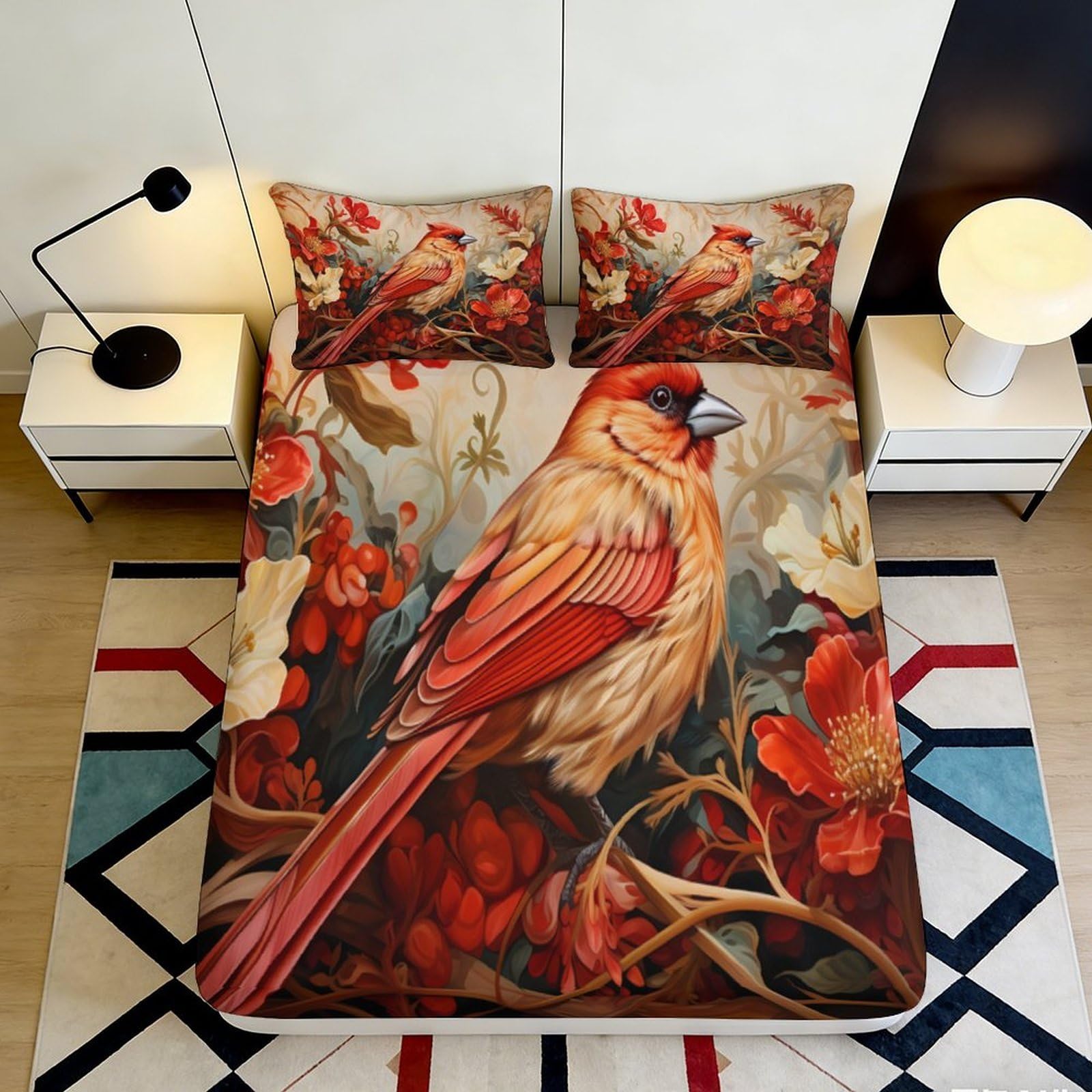 3D Printed Cardinal Bird Fitted Sheet Microfiber Red Floral Mattress Cover for Bedroom Guest Room Decor Protection 90x200x25cm
