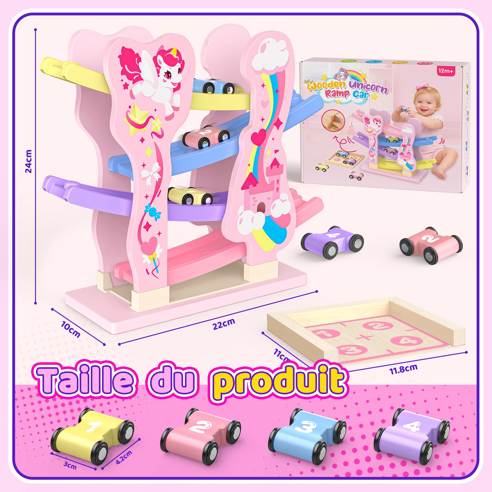 Toyzey Voiture Licorne En Bois – Piste De Course Montessori 4 Jeux – 1 2 Ans Fille Garçon – Garage Miniature – Cadeau 1 An
