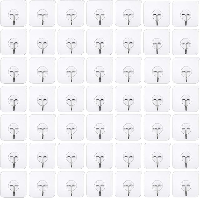 50 Pack Adhesive Hooks Heavy Duty Wall Hooks Strong Adhesive Hooks 22lbs/10kg Seamless Hooks Transparent Hooks