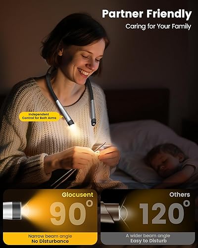 Miniatura 3 de Glocusent Luz de lectura ergonómica, luz recargable de 1600 mAh para libros durante 100 horas, 3 colores y 5 brillo, luz de cuello con