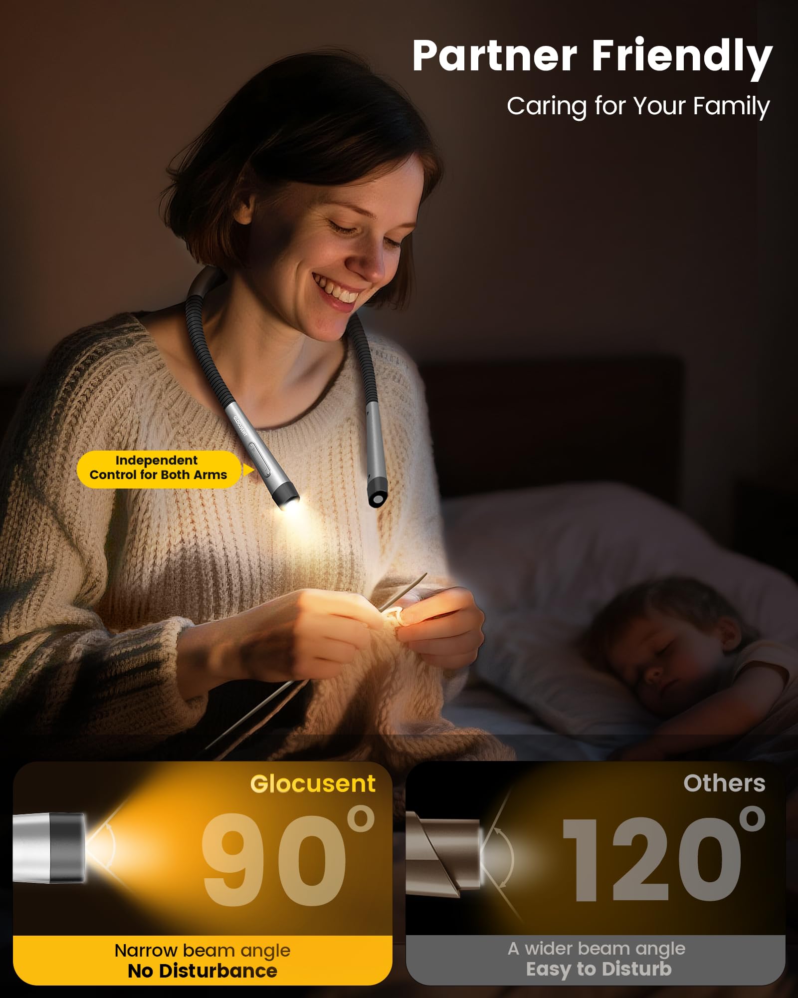 Glocusent Verbesserte Leselampe Hals, Ergonomische Nackenlampe mit 30-Min Timer, 3 Farben & 3 Helligkeiten & Ergonomische Leselampe mit 1600mAh Akku, 3 Farben & 5 stufenloser Helligkeit