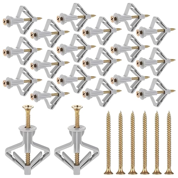Serplex 50 Set Drywall Anchor with Screw Kit Drywall Anchor Kit Hollow Wall Anchors Plasterboard Plugs Screws Butterfly Expansion Tube Pipe Drywall Winged Anchors for Hanging Heavy Items on Drywall