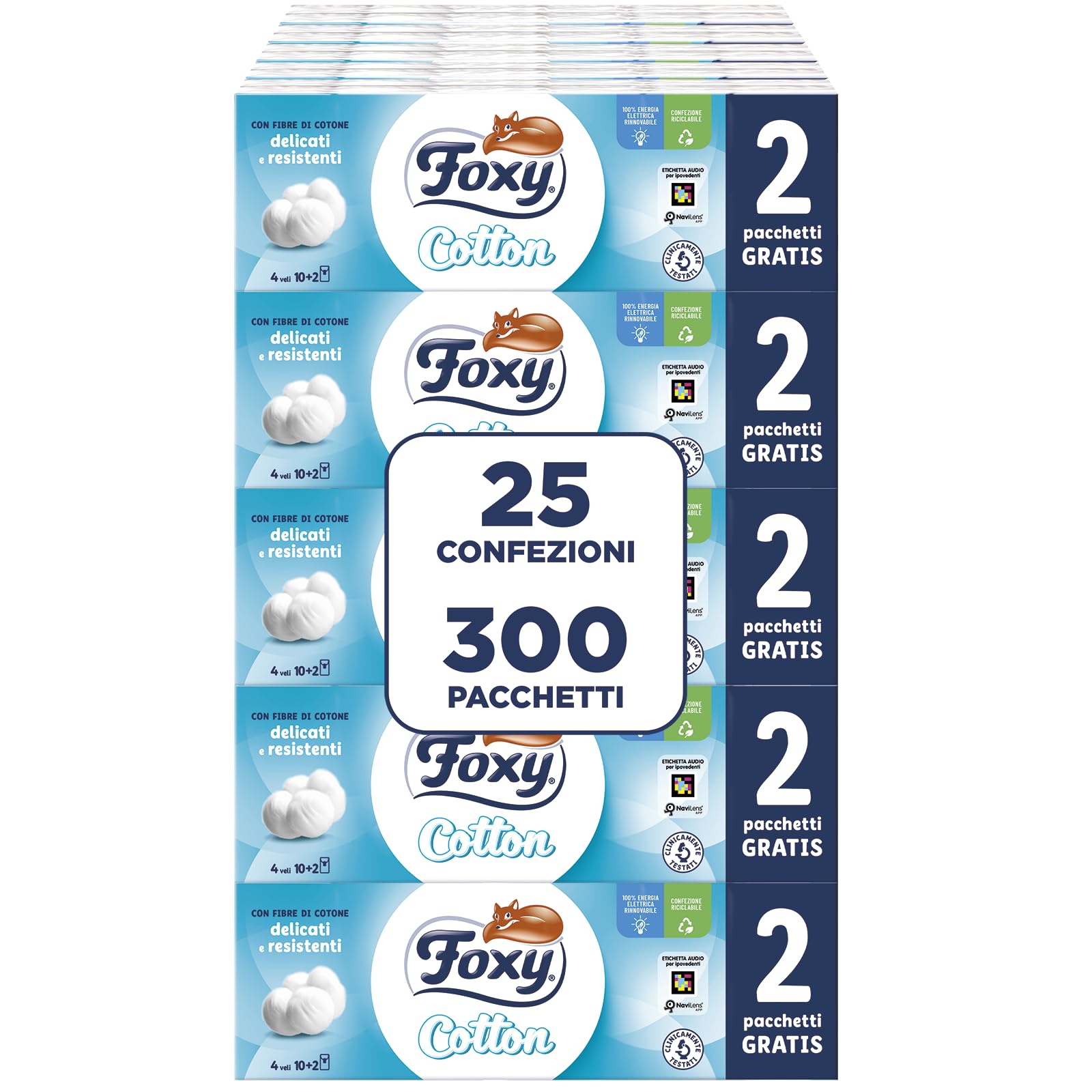 Foxy Taschentücher / 25 Packungen mit je 12 Paketen / 4-lagig/mit echten Baumwollfasern / 100% FSC-zertifiziertes Papier/Verpackung 100% recycelbar