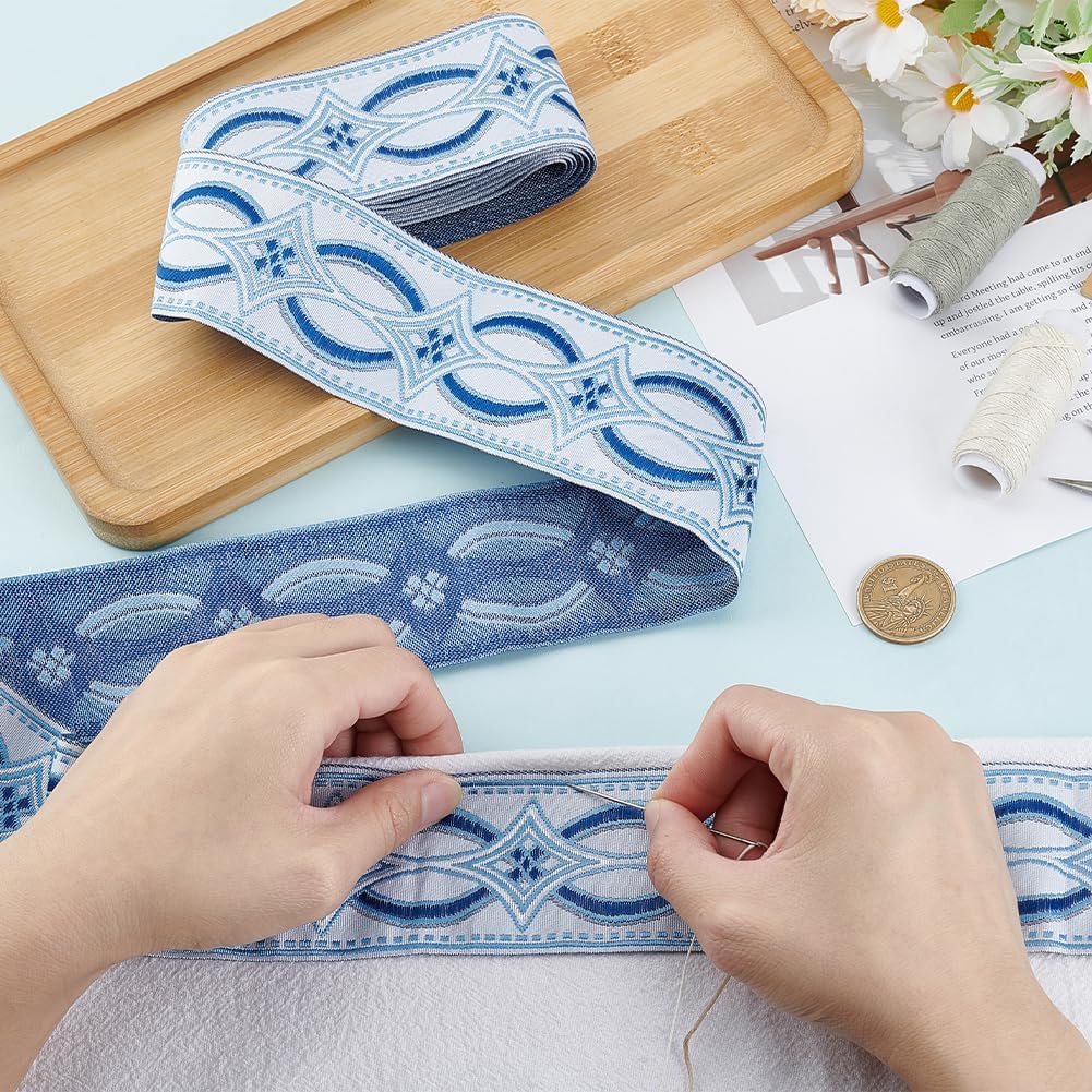MAYJOYDIY Blue Jacquard Ribbon Trim 5.5 Yards×2 inch Rhombus Embroidery Jacquard Ribbon Ethnic Style Woven Curtain Fabric Trim for Sewing Crafts Handmade Bag Belts Clothing Decoration