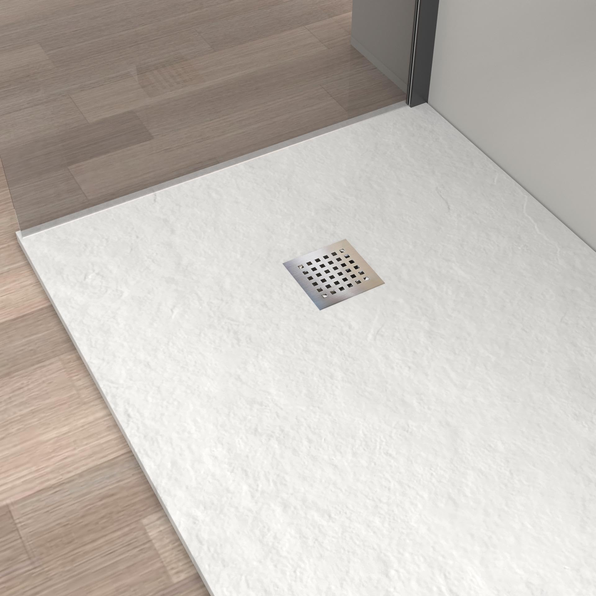 Plato de Ducha de Resina 70 x 70 Extraplano Ultraresistente – Textura Pizarra Antideslizante – Color Blanco RAL 9003 – Carga Mineral y Gel Coat – HOGAKIS