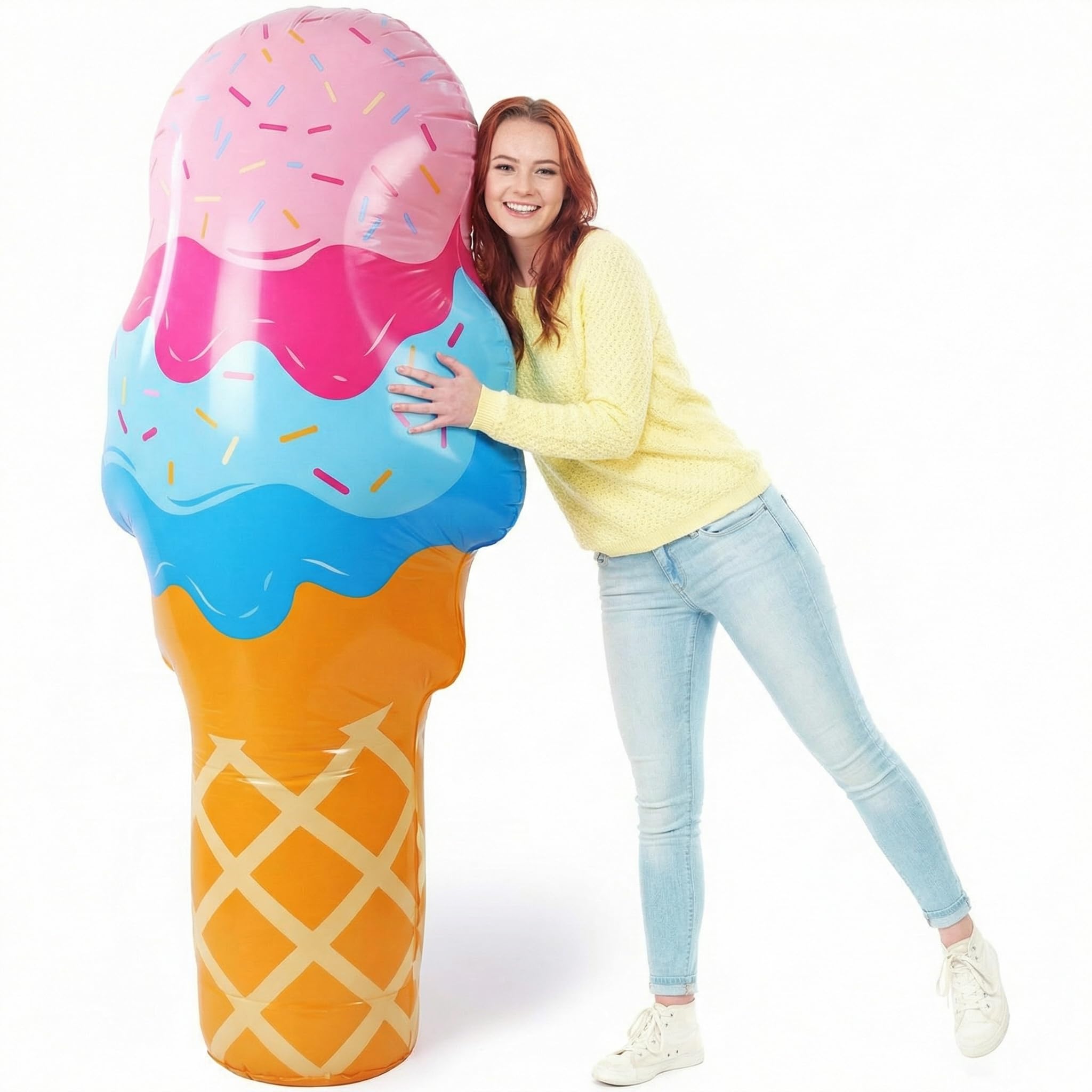 Photo 1 of 1 Pcs 80 Inch Giant Inflatable Ice Cream Cone Stand & Pool Floating Decor 2 in 1 for Party Decor, Stand-up Life Size Ice Cream Giant, PVC Blow up for Candy Party Summer Sweet Theme Shop Photo Prop