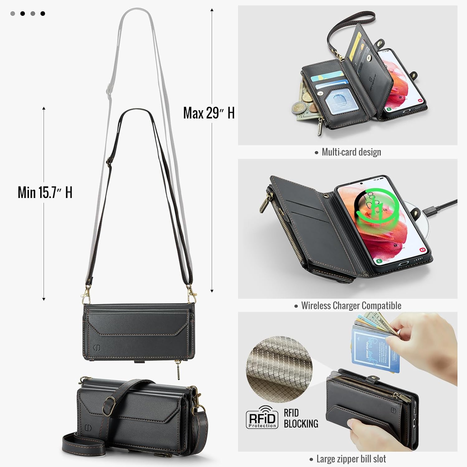 Strapurs Crossbody Wallet Case Compatible with Samsung Galaxy S21 5G RFID Blocking Card Holder Soft PU Leather Magnetic Snap Shoulder Strap Zipper Pocket Phone Case Fit for Galaxy S21 6.2" - Black