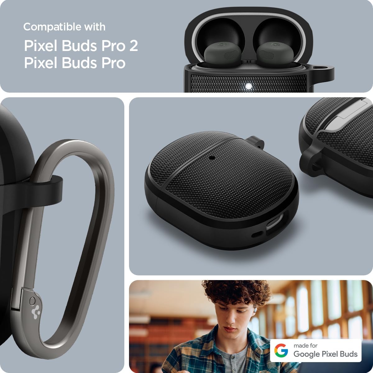 Spigen Classic Fit Designed for Google Pixel Buds Pro 2 (2024) and Pro 1 (2022) Case Cover with Keychain - Black