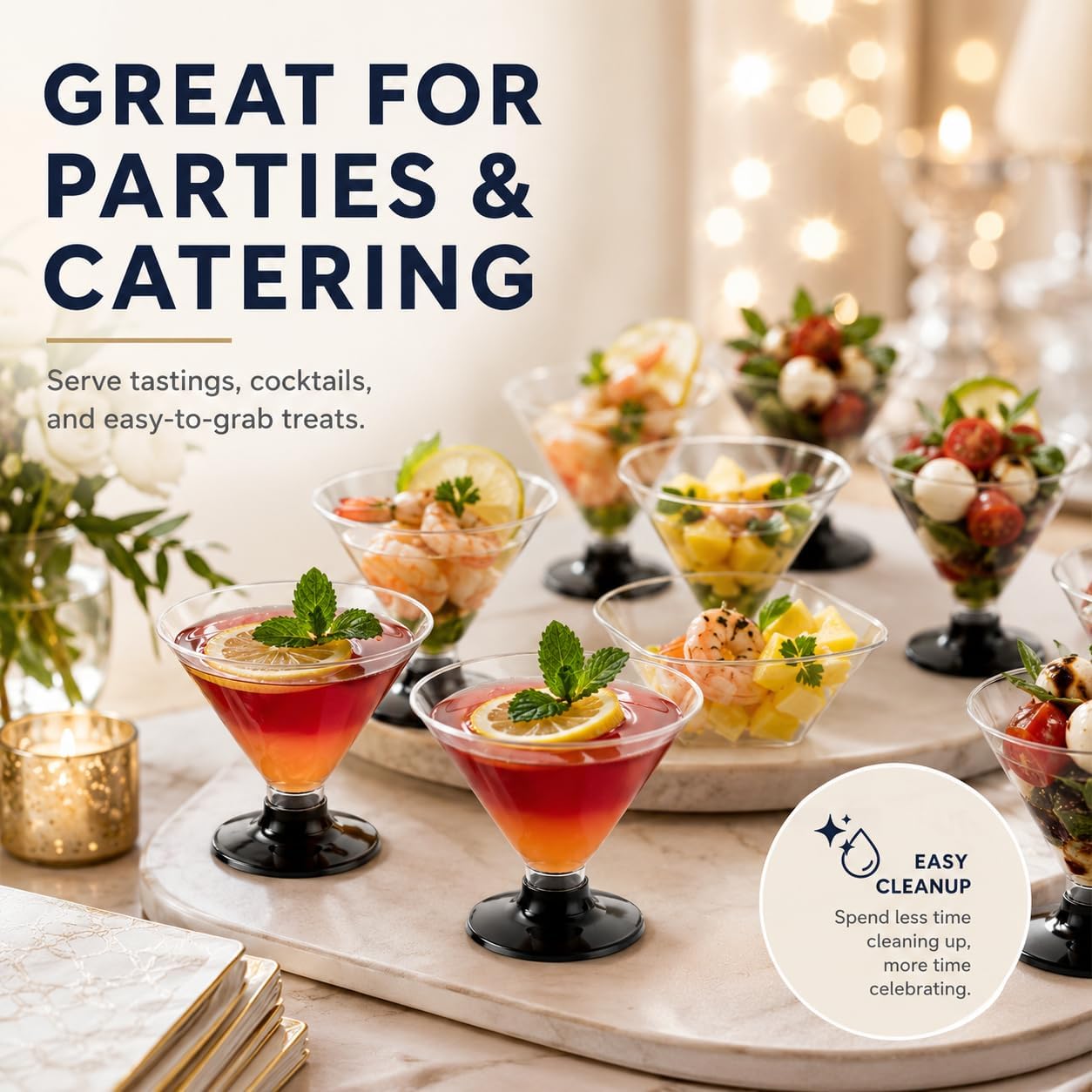Disposable Martini Glasses for Parties 100 Pcs 4.6 oz | Clear plastic bowls with black bases; for party prep; mini cocktail cups for desserts and drinks