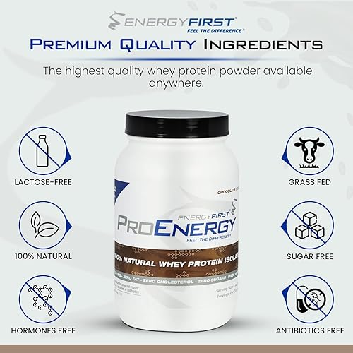 Miniatura 3 de Energy First - Polvo aislado de proteína de suero de leche alimentada con pasto natural chocolate 2 libras batido de suplemento ProEnergy para