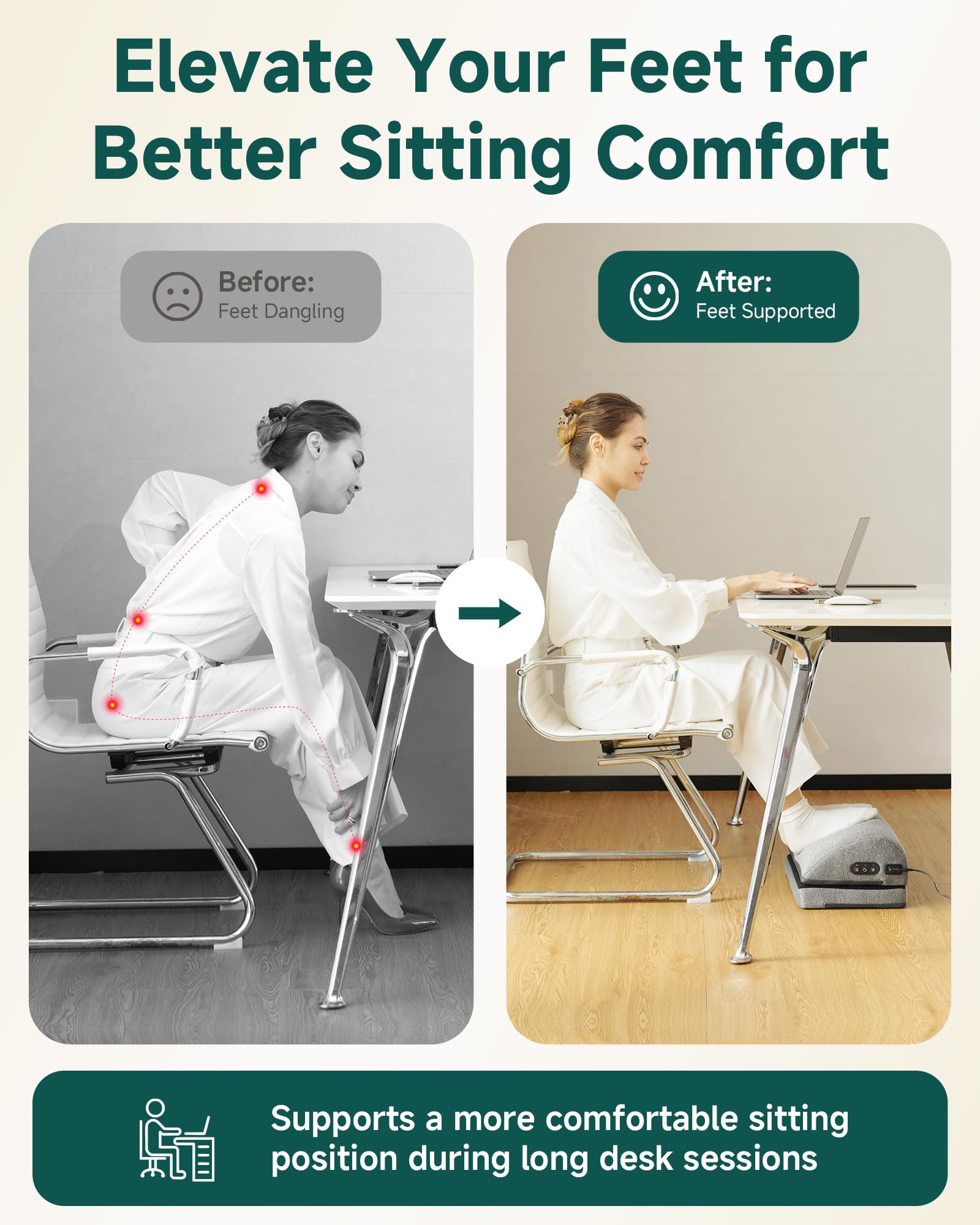Snailax Fußstütze für unter dem Schreibtisch bei der Arbeit, beheizter ergonomischer Fußhocker, verstellbare Höhe, 2 Heizstufen & 3 vibrierende Massagemodi, Gaming, Büro, Heimgebrauch