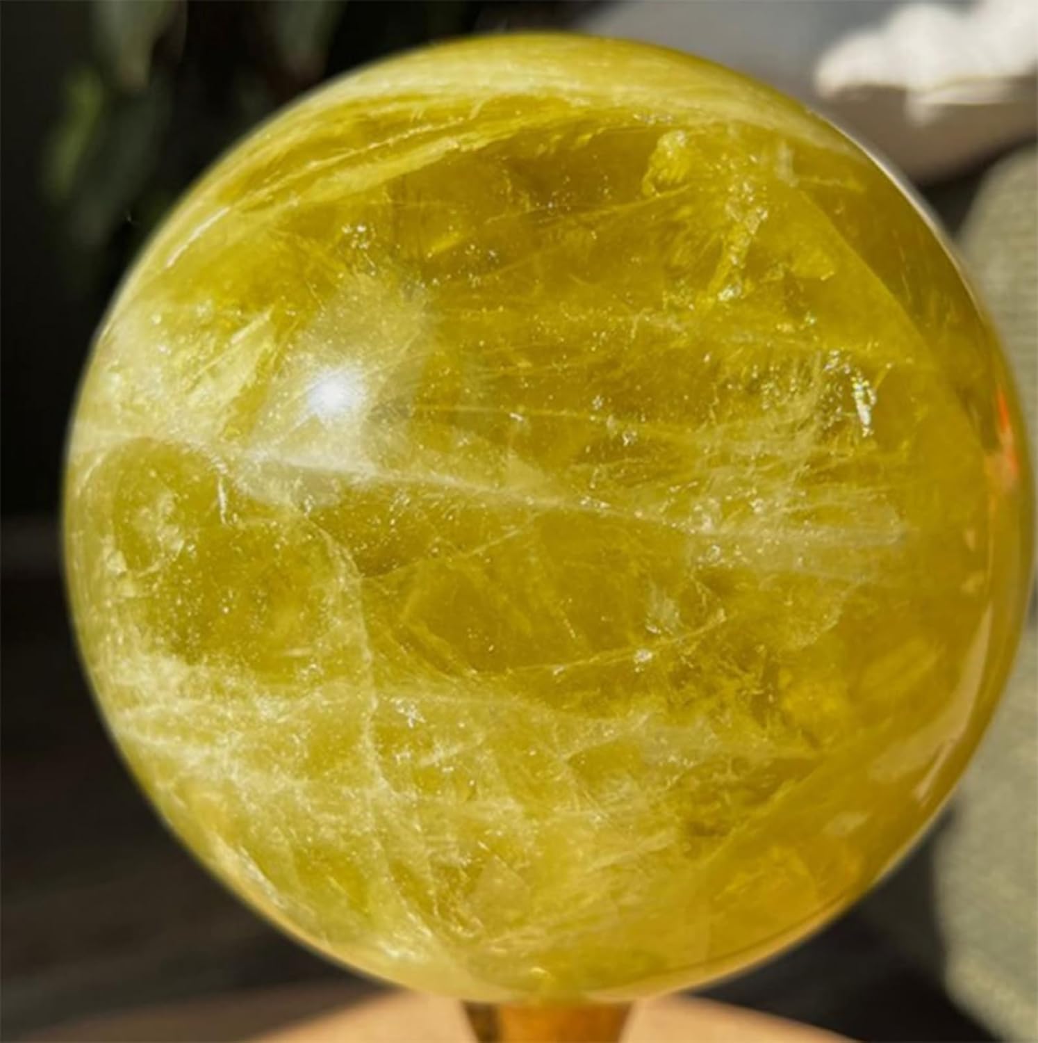 Yellow Crystal Ball for Home Decoration, Polished Citrine Divination Ball with Wood Stand,Feng Shui Gemstone Ball for Gifts Family Office Decor,75~80mm